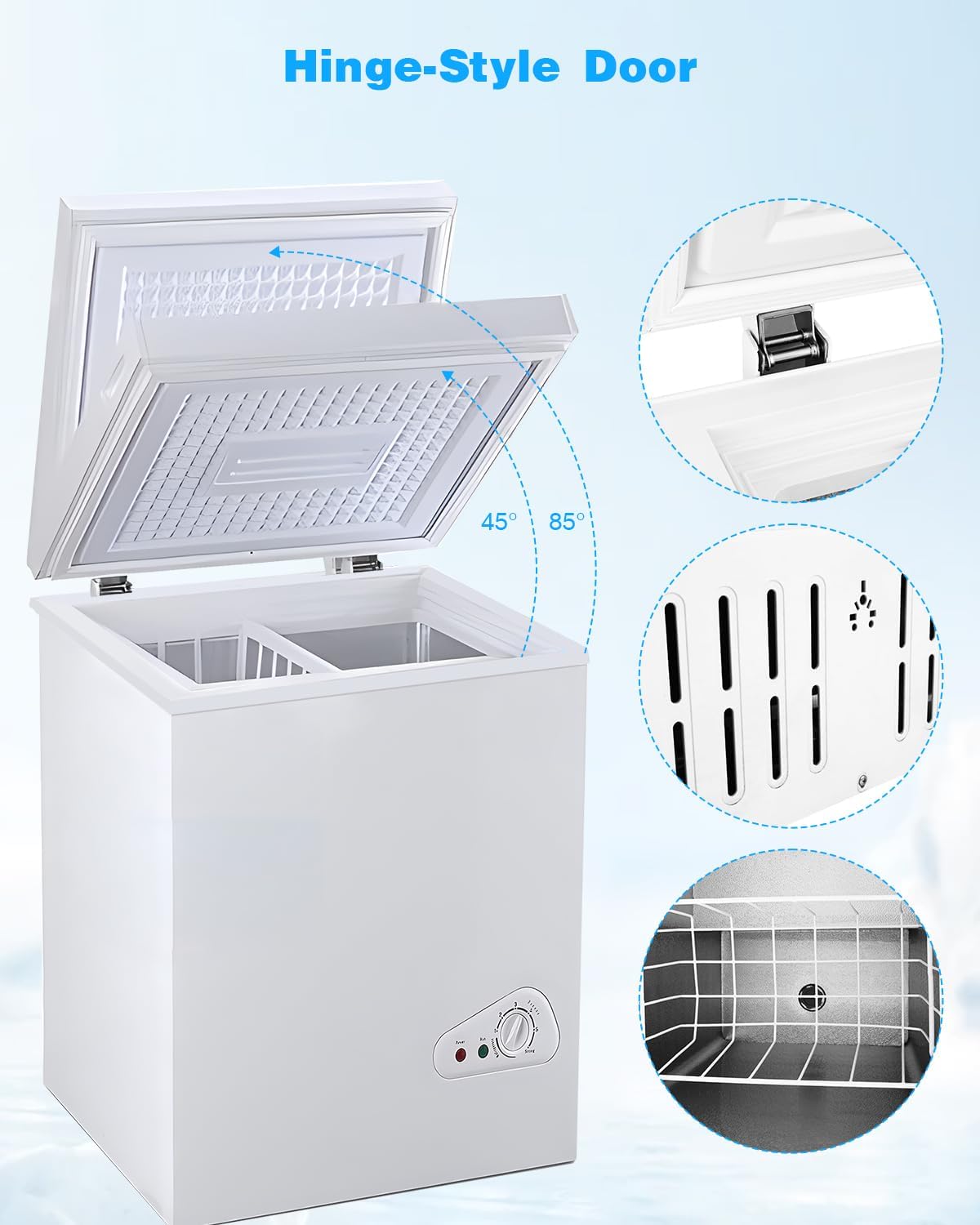 Congelador de pecho de 3.5 pies cúbicos con una cesta extraíble, 7 engranajes, control de temperatura ajustable (-18F a -46F), congelador compacto