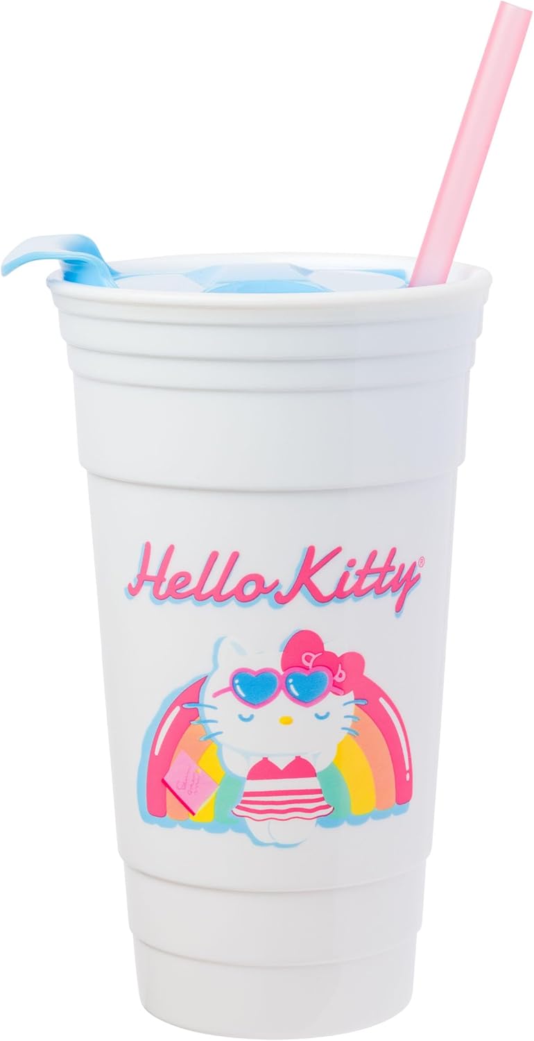 Silver Buffalo Sanrio Hello Kitty Summer Rainbow Floatie – Vaso de plástico con tapa y pajita, 32 onzas