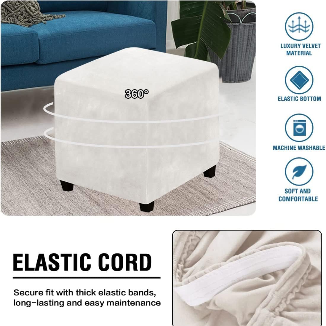 Fundas otomanas de terciopelo, fundas protectoras para reposapiés cuadrados, fundas protectoras para taburetes de almacenamiento, fundas elásticas