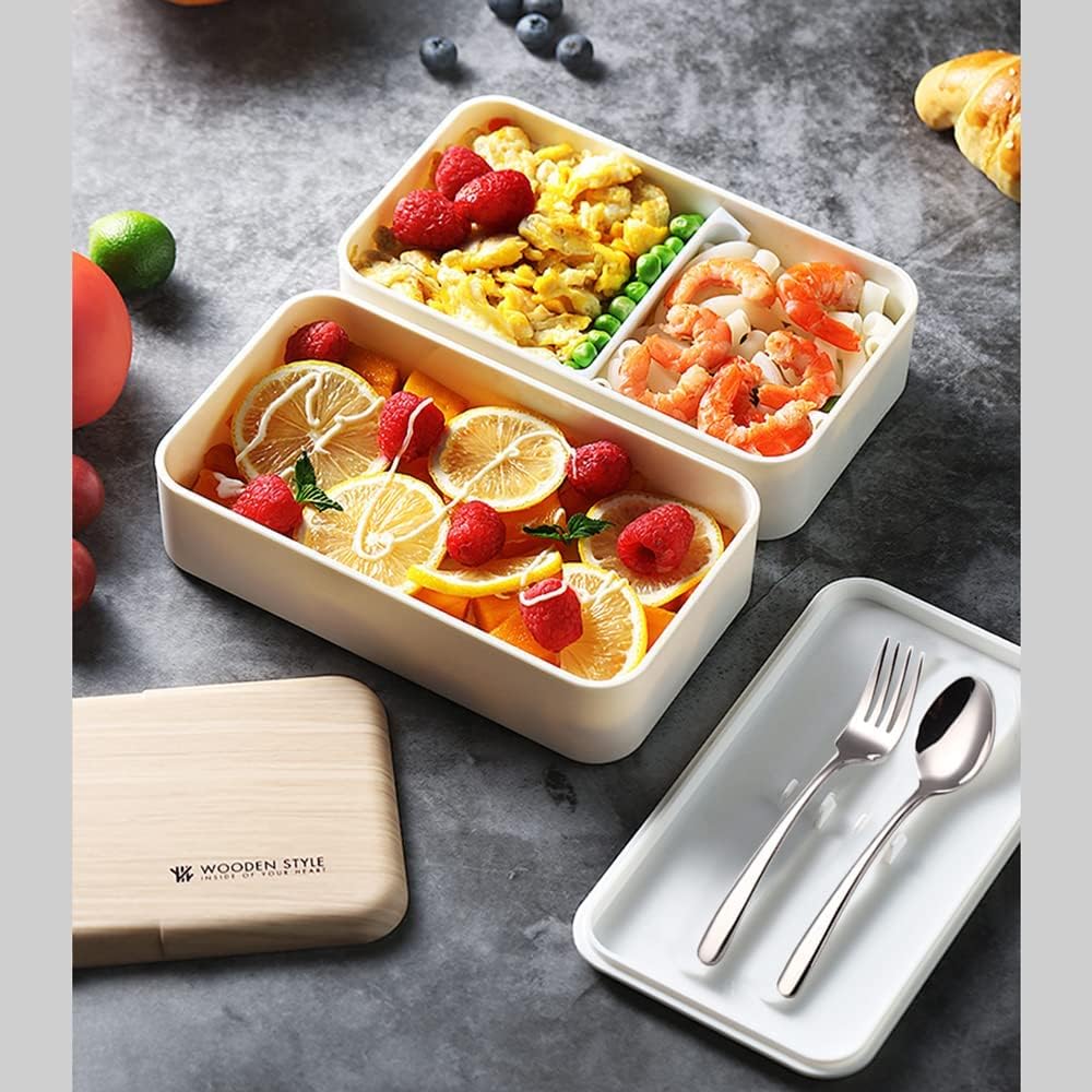 Lonchera Bento original estilo japonés de 2 capas con utensilios, cuchara y tenedor, divisor para ensalada para hombres y mujeres (blanco)