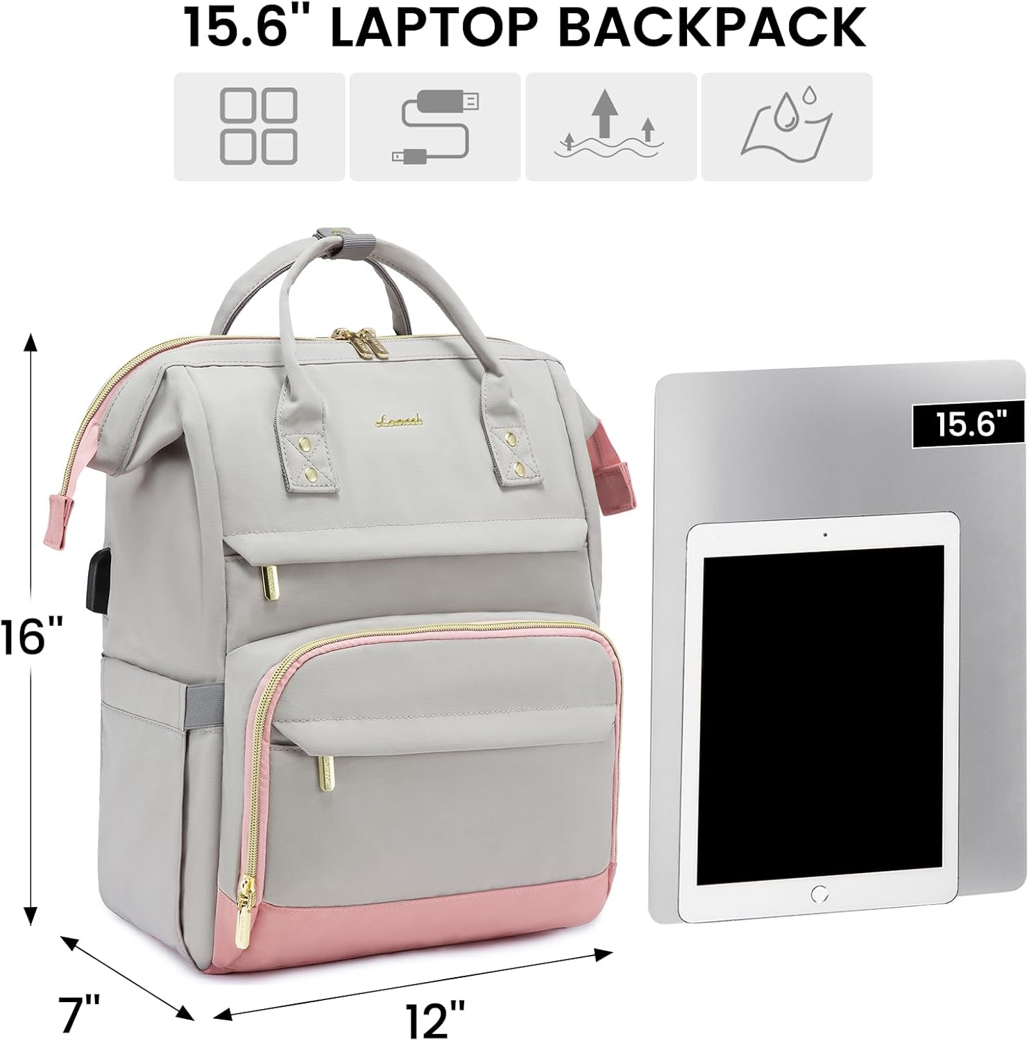 LOVEVOOK Mochila para laptop para mujer, 15.6 pulgadas de ancho abierto, mochila de viaje para mujer, con puerto USB, impermeable, para profesores,