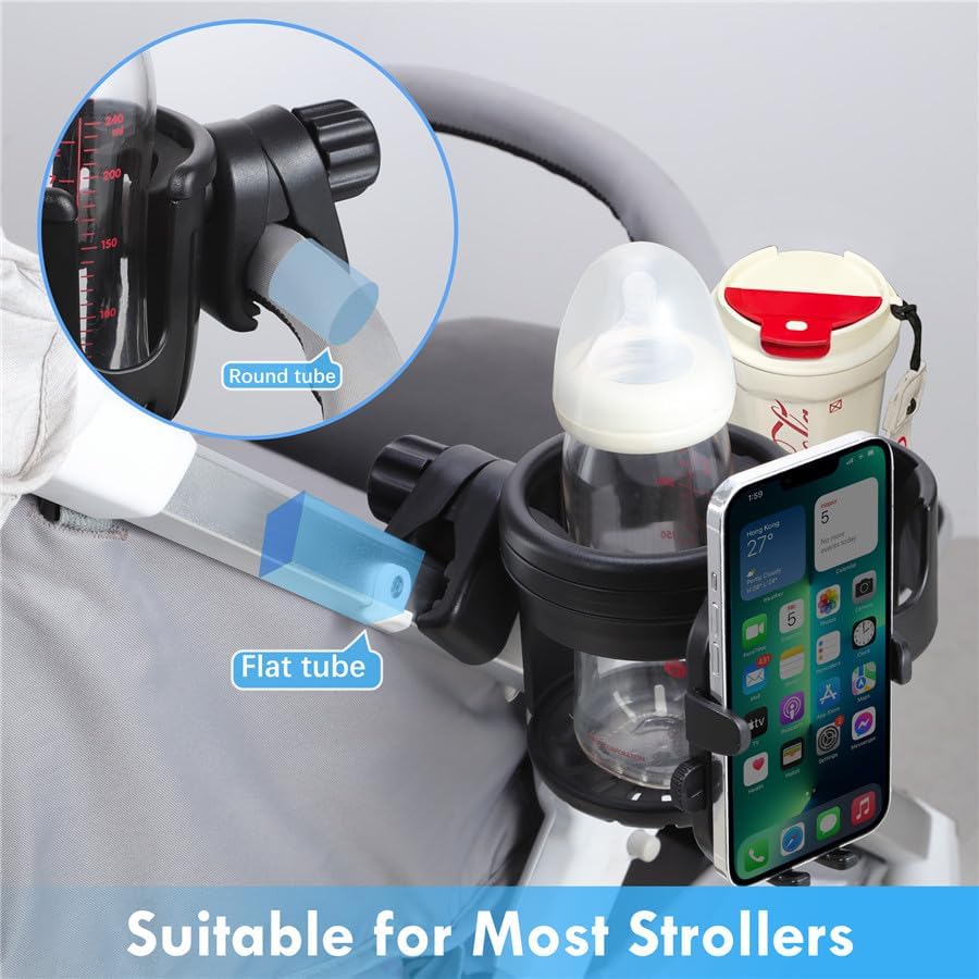 Portavasos para cochecito con soporte para teléfono, abrazadera giratoria de 360 grados para botella de agua, soporte universal 3 en 1 para