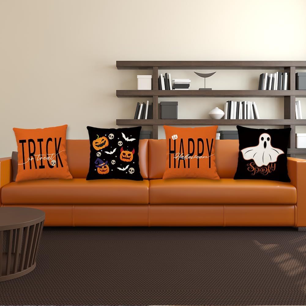 Juego de 4 fundas de almohada de Halloween de 20 x 20 pulgadas, juego de 4 fundas de almohada de truco o trato, negro, blanco, fantasma, bruja,