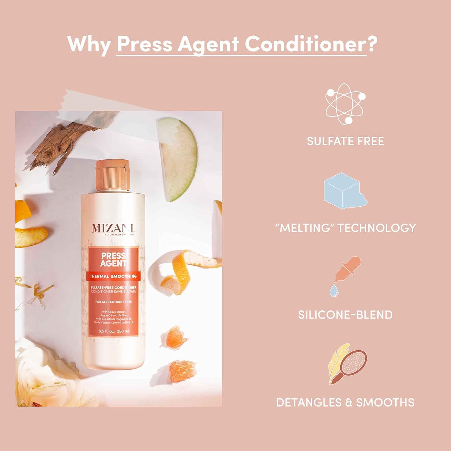 Mizani Press Agent – Acondicionador sin sulfatos  Desenreda el cabello para peinar con calor, soplar y prensa de seda  Sella el cabello de la