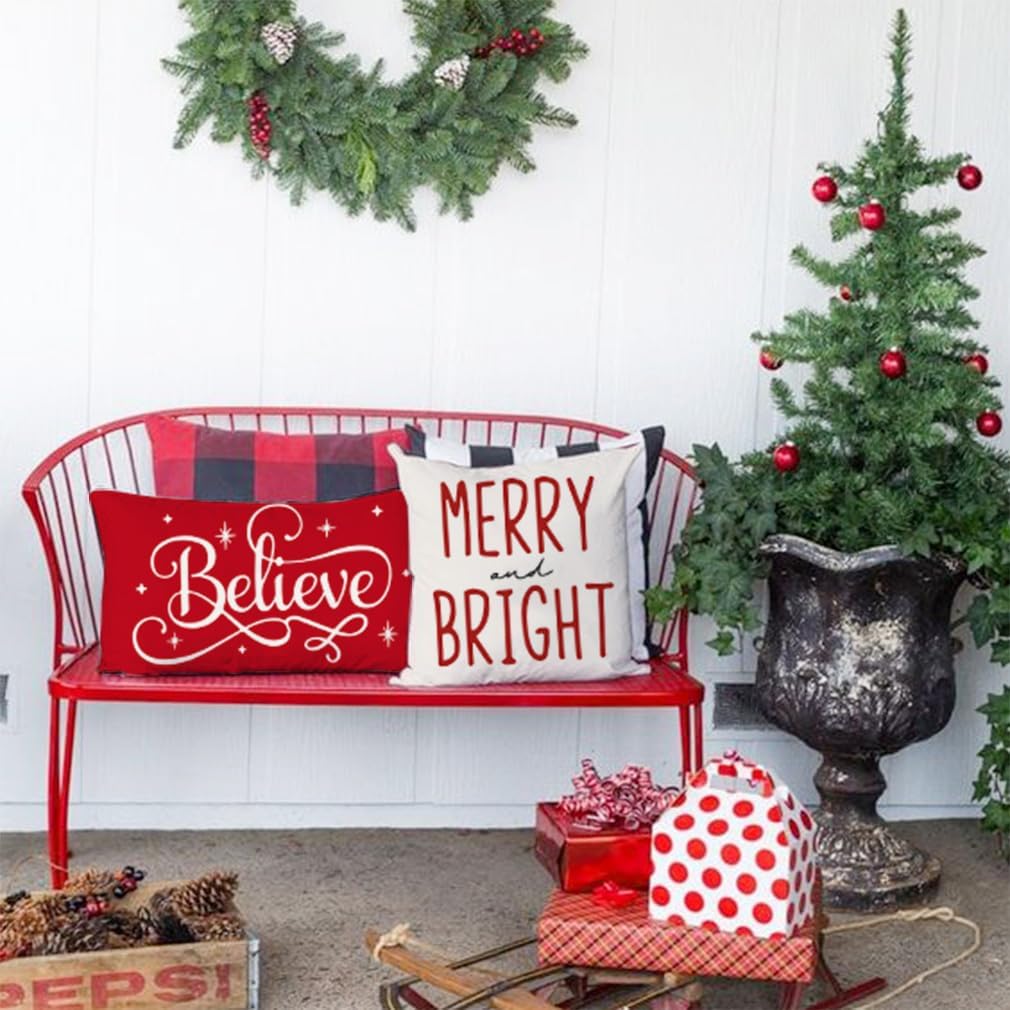Fundas de almohada rojas de Navidad de 12 x 20 pulgadas, decoración navideña de Navidad, almohadas lumbares, fundas de almohadas decorativas,