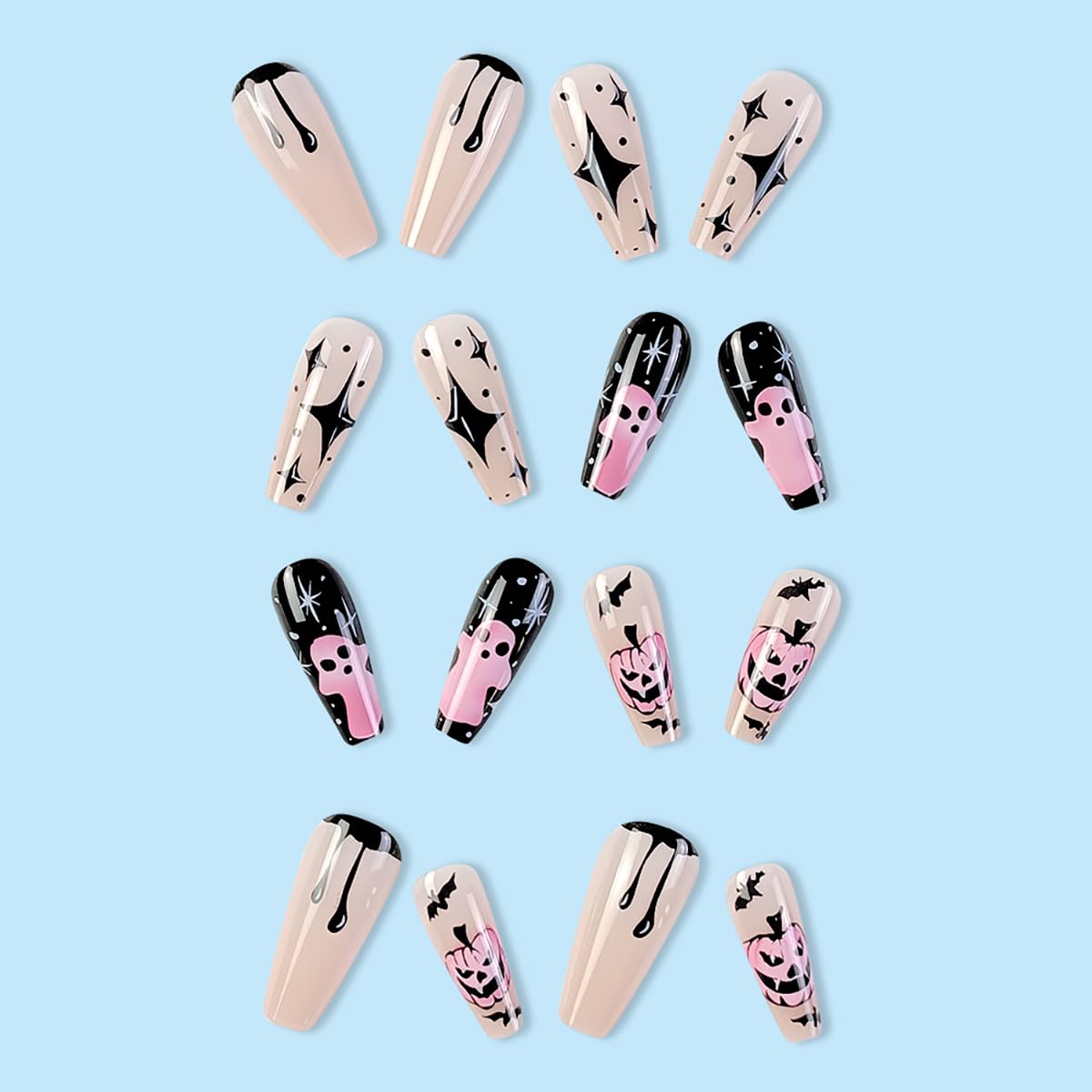 24 uñas postizas largas a presión de Halloween, fantasmas de terror, calabaza, diseño de uñas cuadradas con pegamento en las uñas de Halloween,