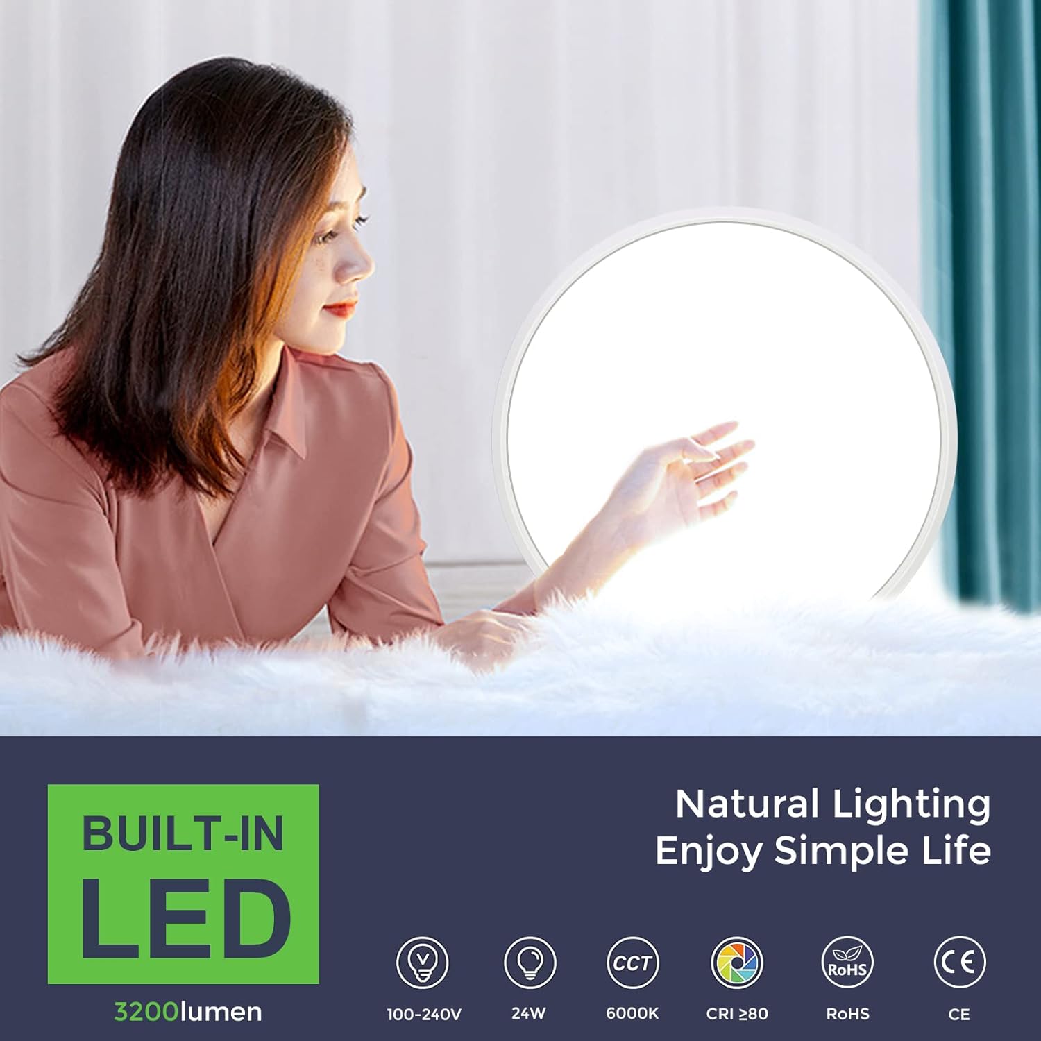 LightingWill Lámpara de techo LED de montaje empotrado de 12 pulgadas, 6000 K blanco frío, 3200 lm, 24 W, lámpara de techo blanca equivalente a 240
