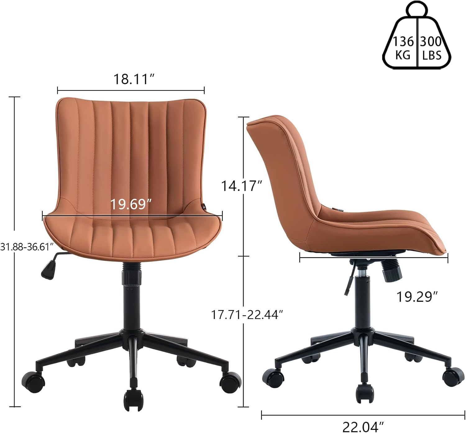 YOUNIKE Silla de oficina giratoria sin brazos de cuero con ruedas, silla de computadora tapizada ajustable con respaldo reclinable y giratorio,