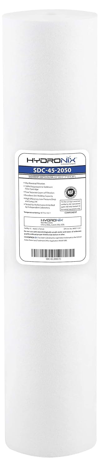 Hydronix SDC-45-2050 Cartucho de filtro de agua de sedimento de polipropileno NSF para toda la casa o comercial 4.5″ x 20″ – 50 micrones