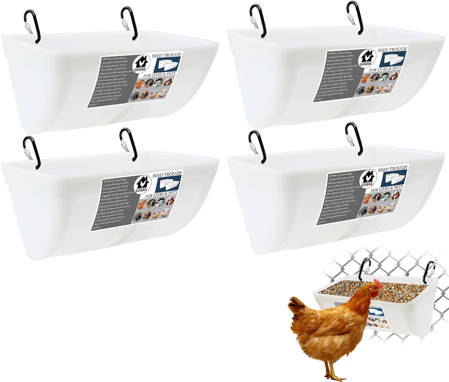 GIFANK Paquete de 4 comederos de pollo con clips, comederos de valla colgantes para cabras, patos, ovejas, lechones, caballo, pollo, ciervo, ganso,