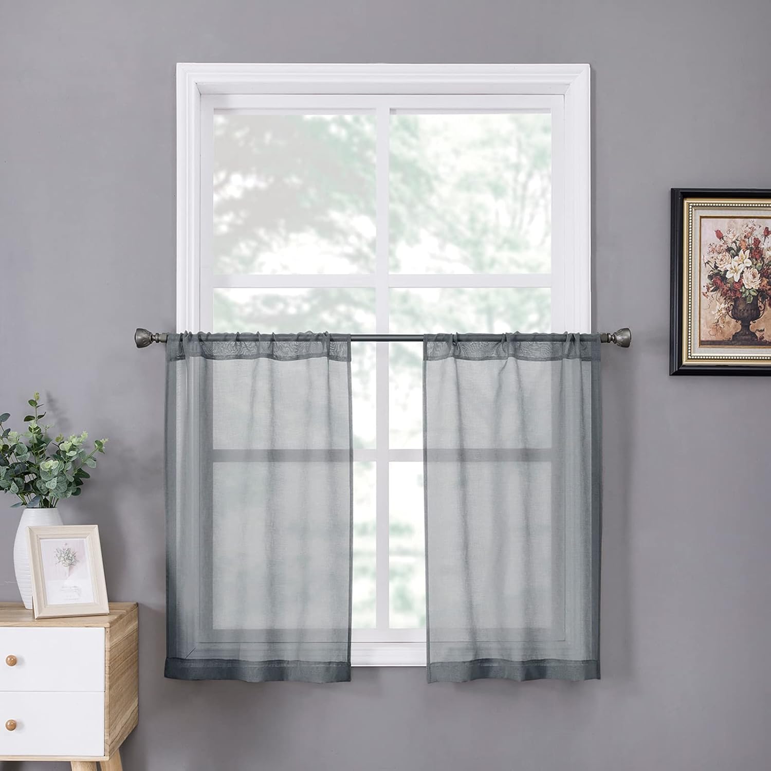 Tollpiz – Cortinas cortas de gasa con textura de lino para cocina y baño, de media altura, filtran la luz, con bolsillo para varilla, 25 x 24