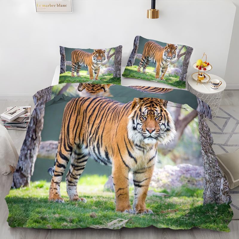 Brown Small Animal Duvet Cover Full Tiger Print Bedding Sets Full Soft Microfiber Comforter Cover and 2 Pillow Shams 20″X26″, Bed Set Duvet Covers