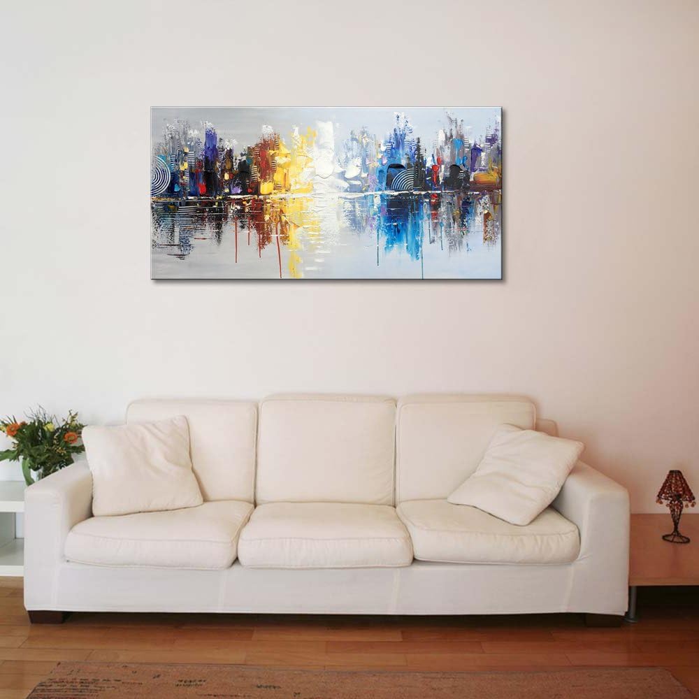 Pintura al óleo sobre lienzo pintada a mano, diseño de reflejo de paisaje urbano moderno, decoración de arte abstracto