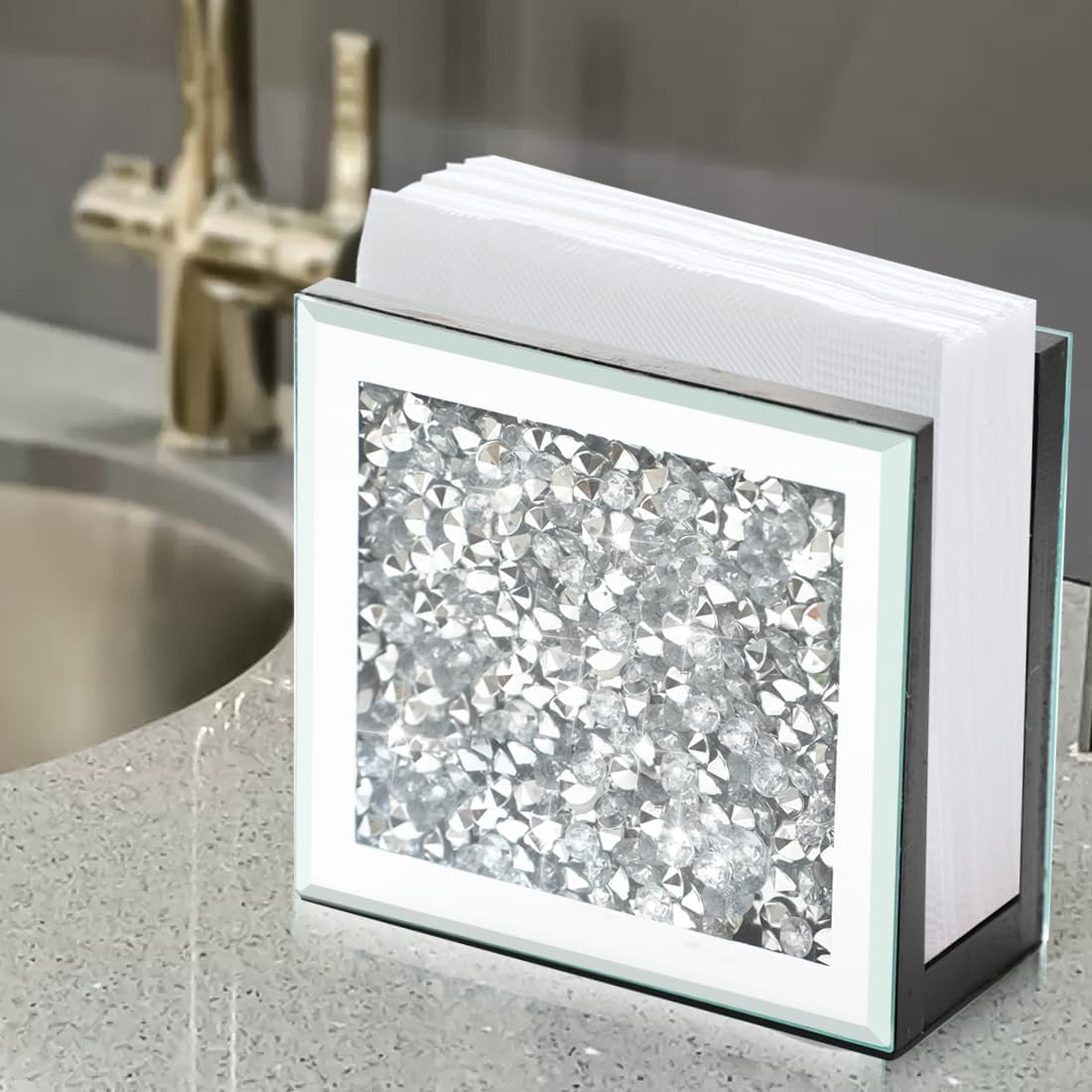 Servilletero con espejo, soporte vertical de diamante triturado de cristal, bonito soporte de servilleta de espejo de vidrio para mostrador o mesa.