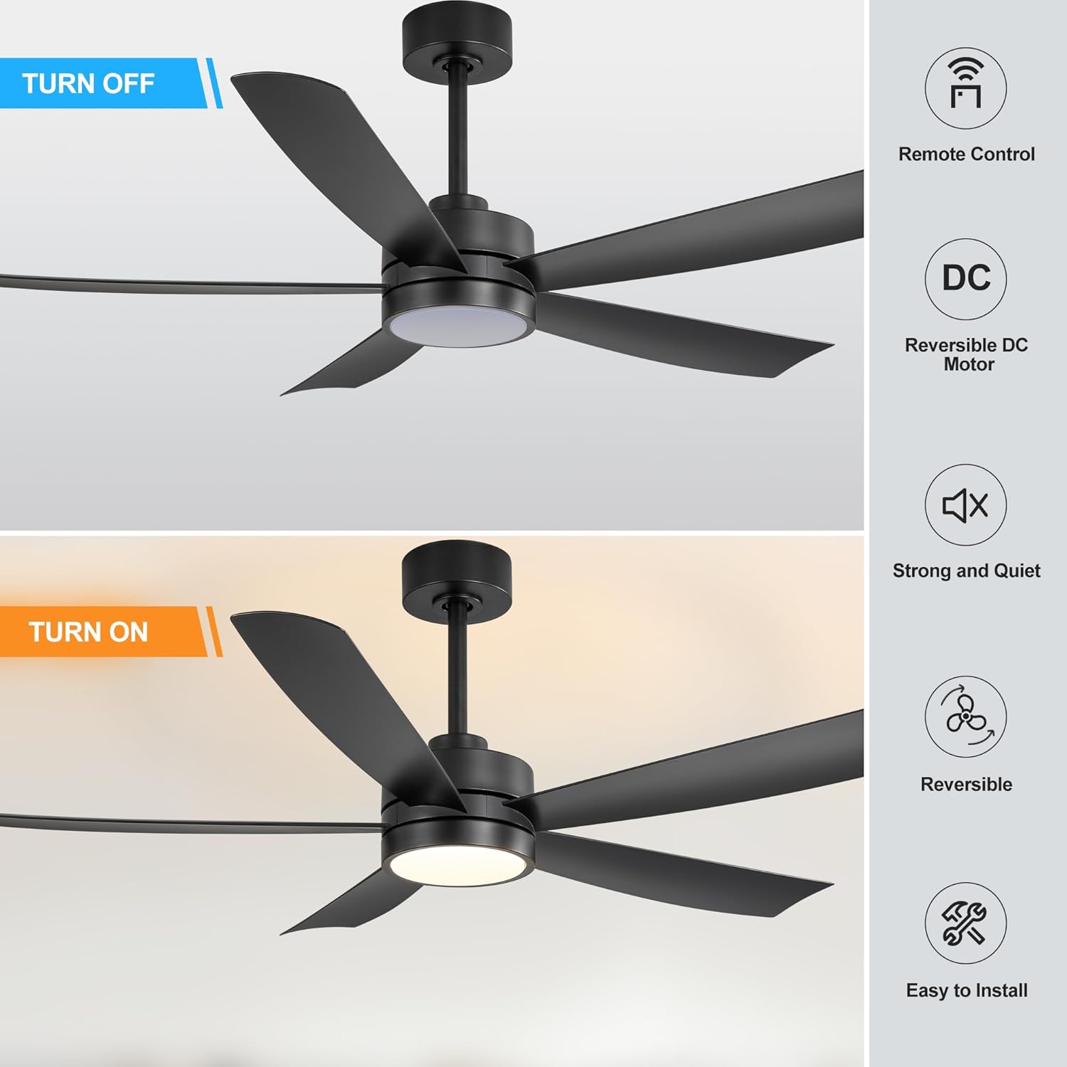 Breezary Ceiling Fans with Lights and Remote, 52″ Ceiling Fans OutdoorIndoor with 6 Speeds Reversible DC Motor and 5 Blades, Modern Black Ceiling