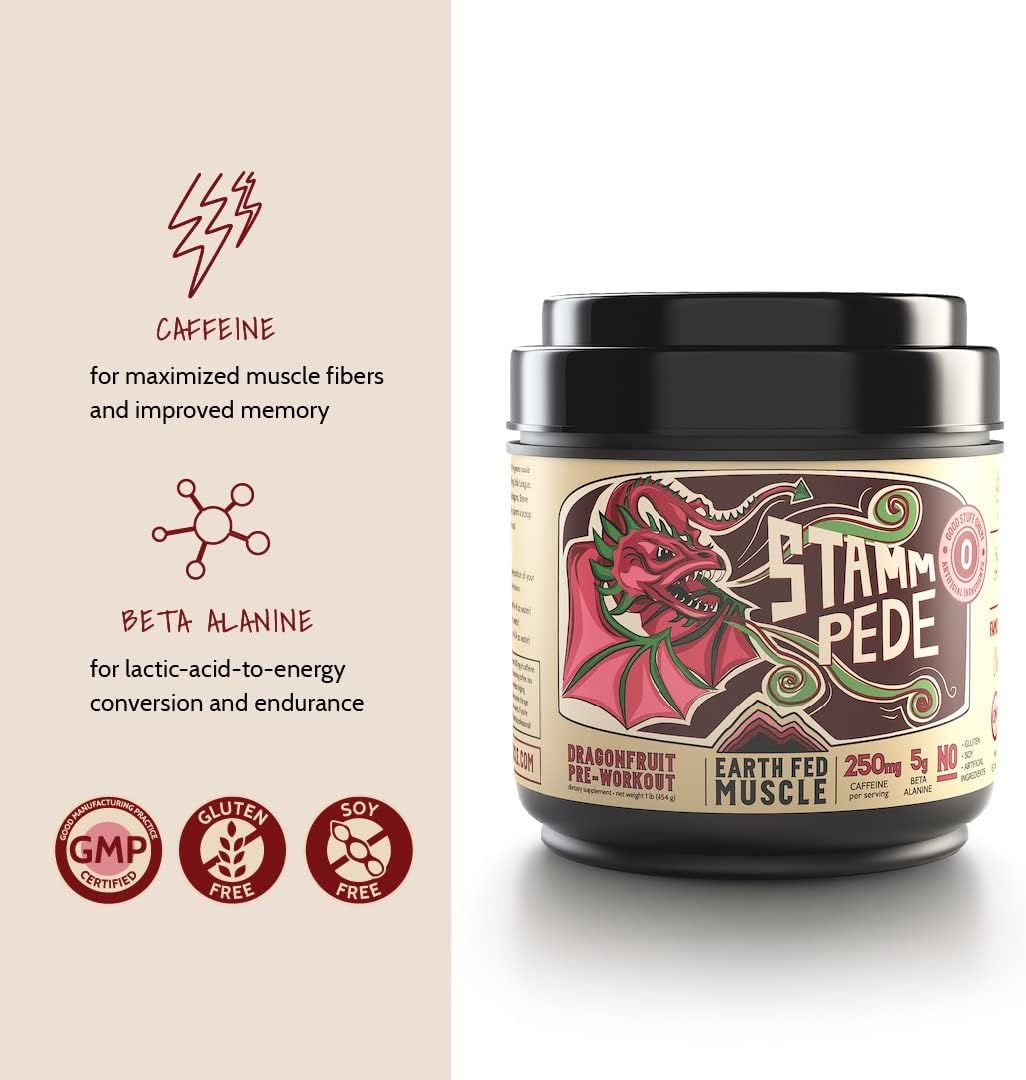 Earth Fed Muscle Stammpede DragoFruit Punch Pre entrenamiento, 30 porciones, aumenta la energía, aumenta la resistencia y el enfoque, beta-alanina,