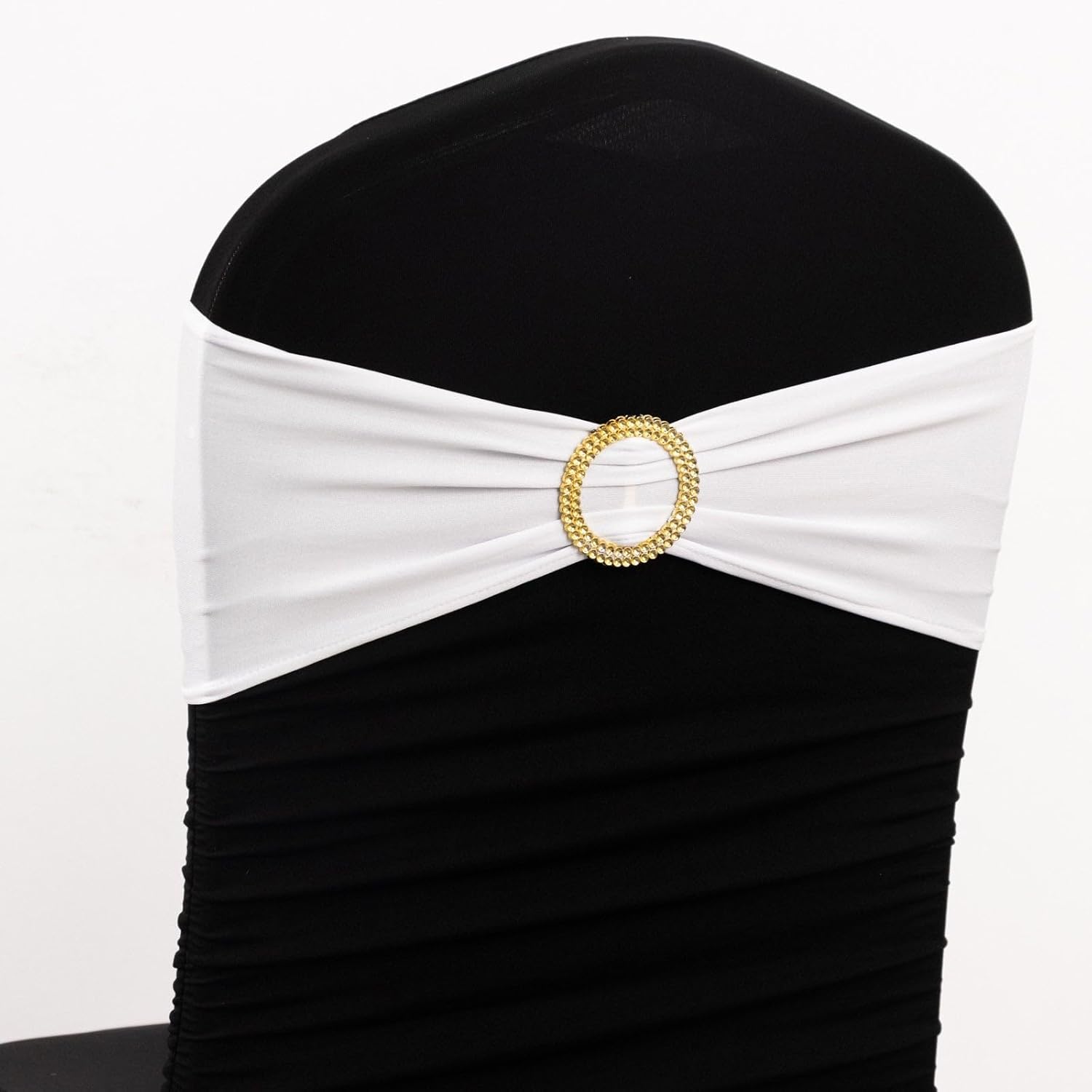 Efavormart – Paquete de 5 bandas para sillas de elastano blanco con hebillas de diamantes de imitación dorados, elegantes bandas elásticas para