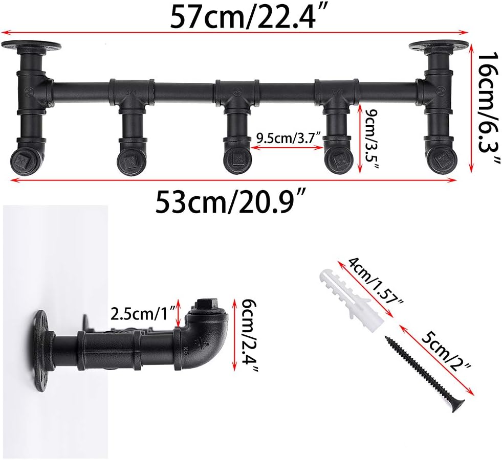 Sumnacon Toallero industrial con 5 ganchos, perchero de ropa resistente vintage con tornillos, riel de almacenamiento de ropa de hierro rústico para