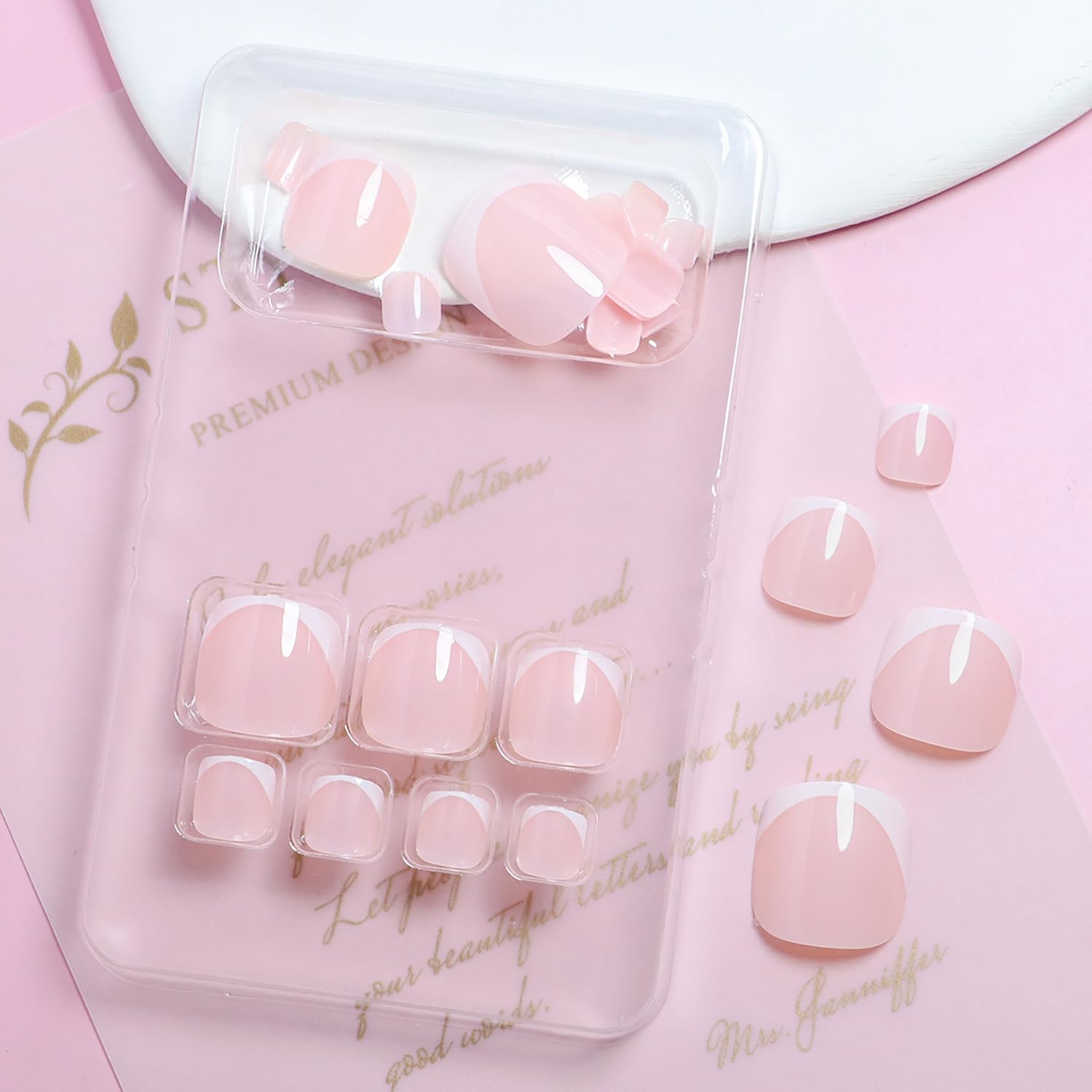 Uñas postizas a presión con punta francesa, uñas postizas cortas, cobertura completa, para pegar en las uñas de los pies, color rosa nude, uñas