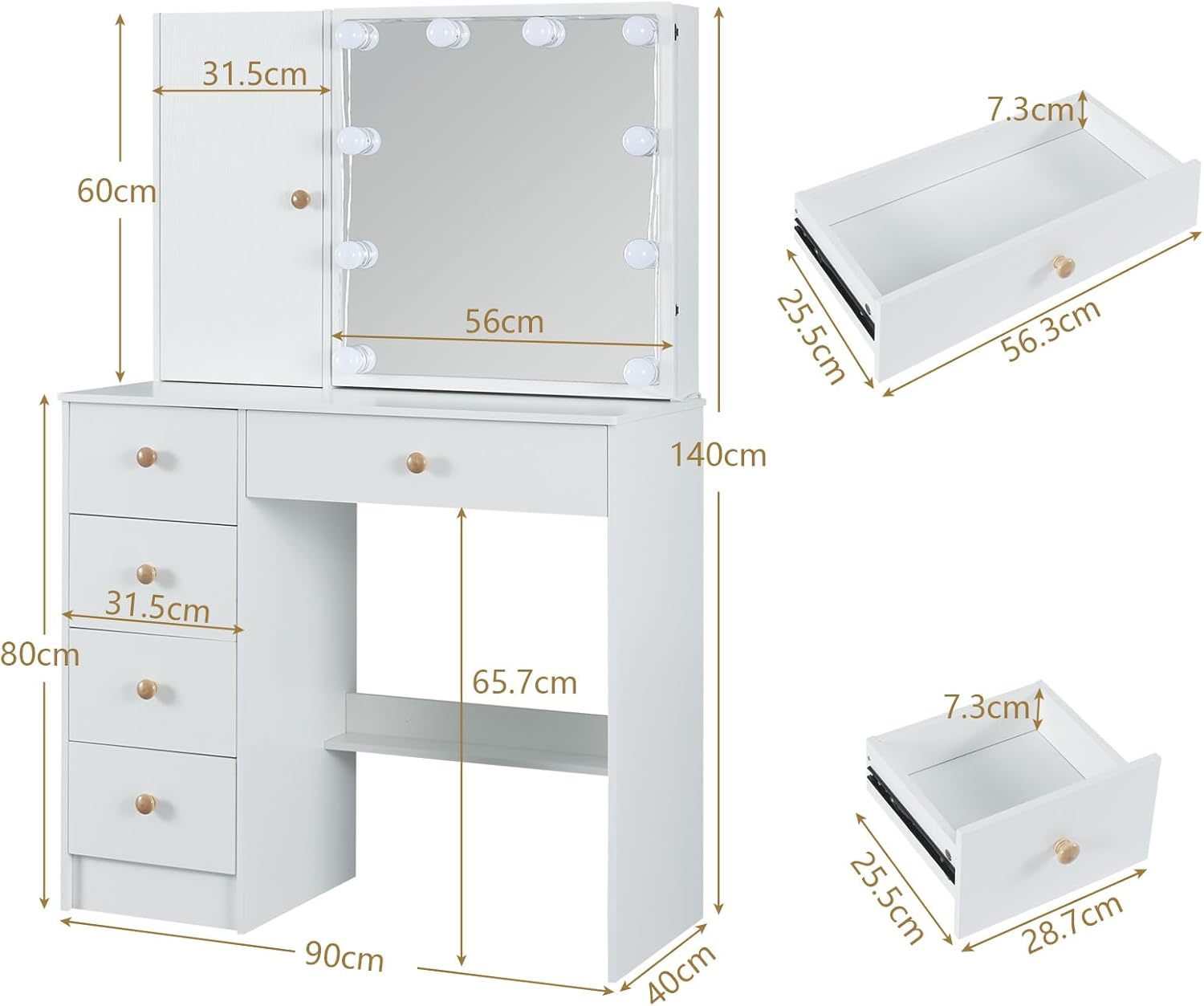 Tocador de maquillaje con luces, mesa de tocador moderna con espejo iluminado y 10 bombillas LED, escritorio de tocador con 5 cajones y gabinete,