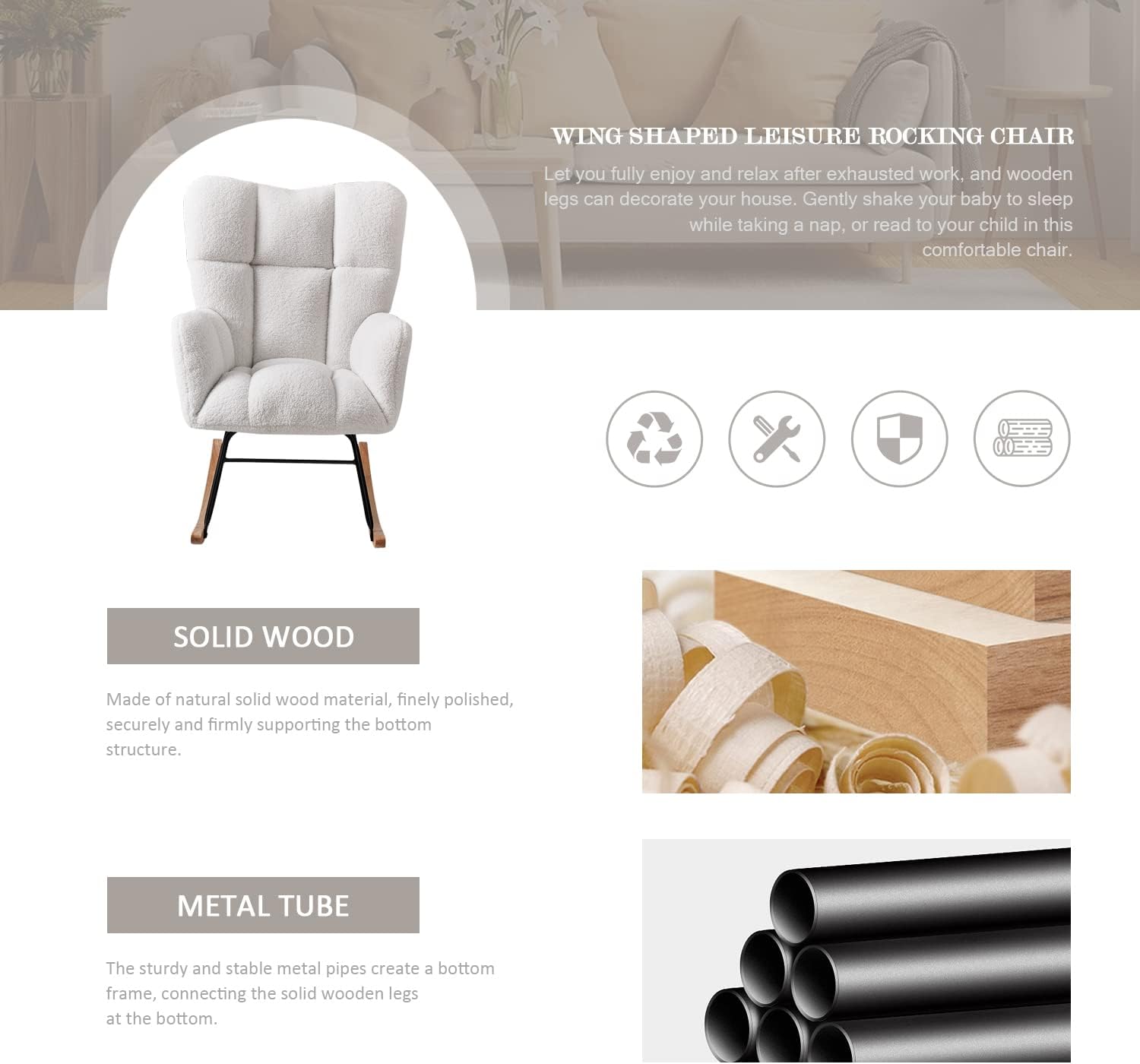 Mecedora para guardería, mecedora de peluche con respaldo alto, sillas modernas para guardería, sala de estar, dormitorio (marfil)