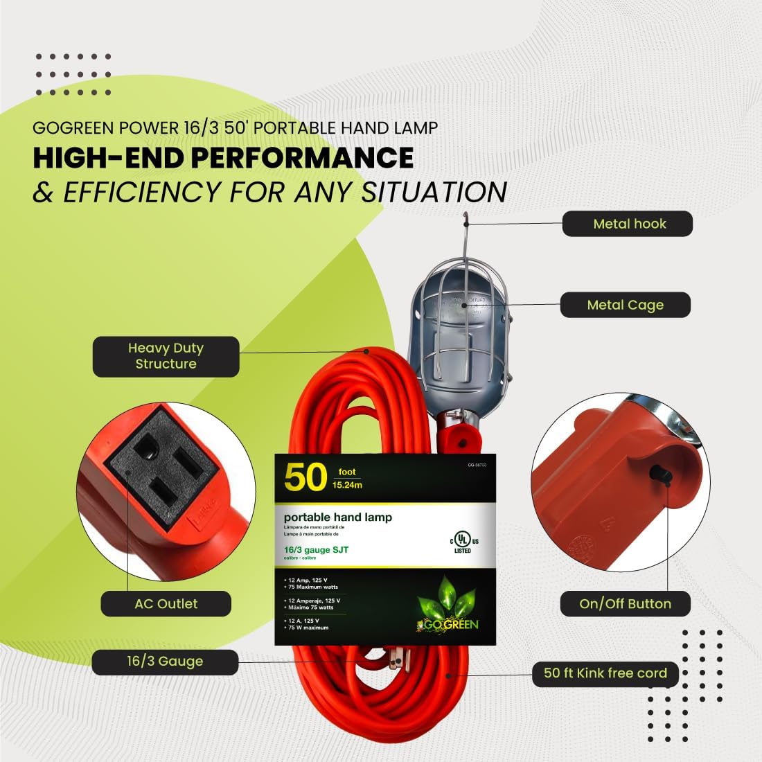 GoGreen Power (GG-36750) 163 50′ Lámpara de mano portátil