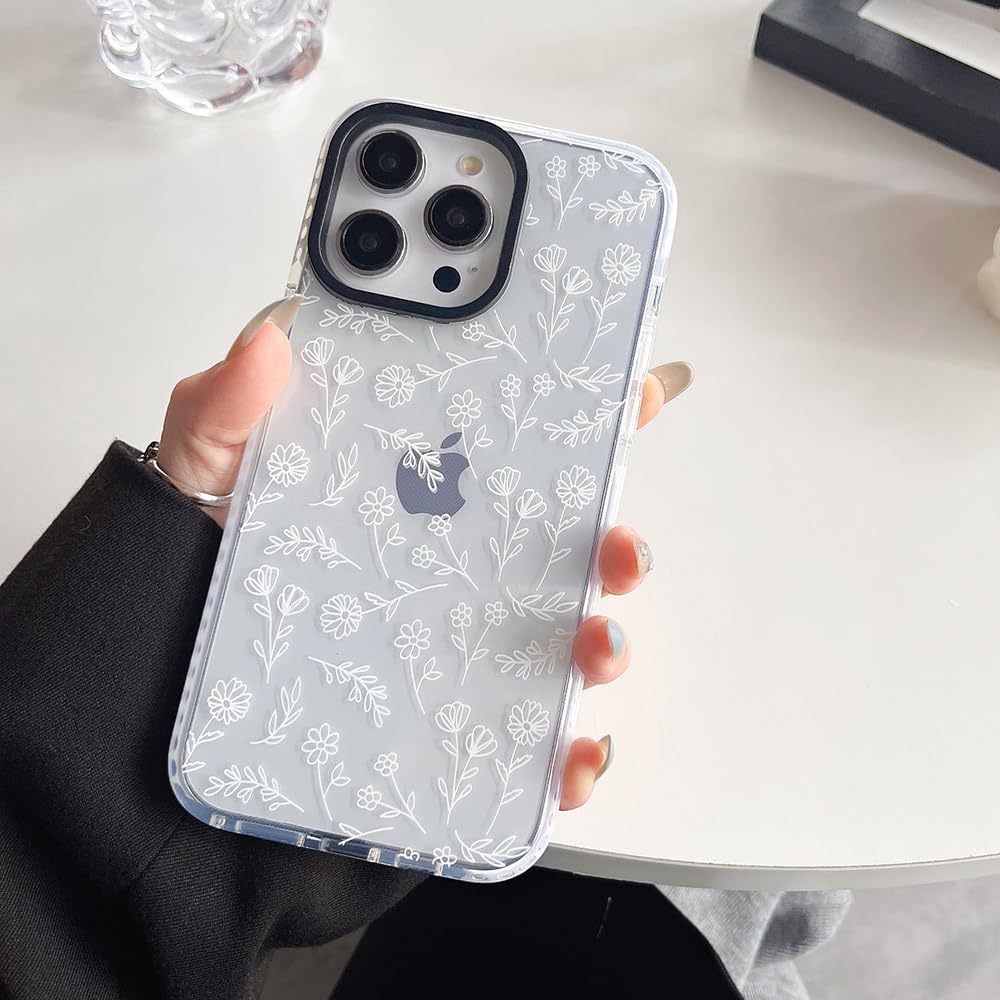 Bonito diseño de flores blancas pequeñas compatible con iPhone 14 Pro Max, funda protectora de silicona a prueba de golpes para mujer, funda