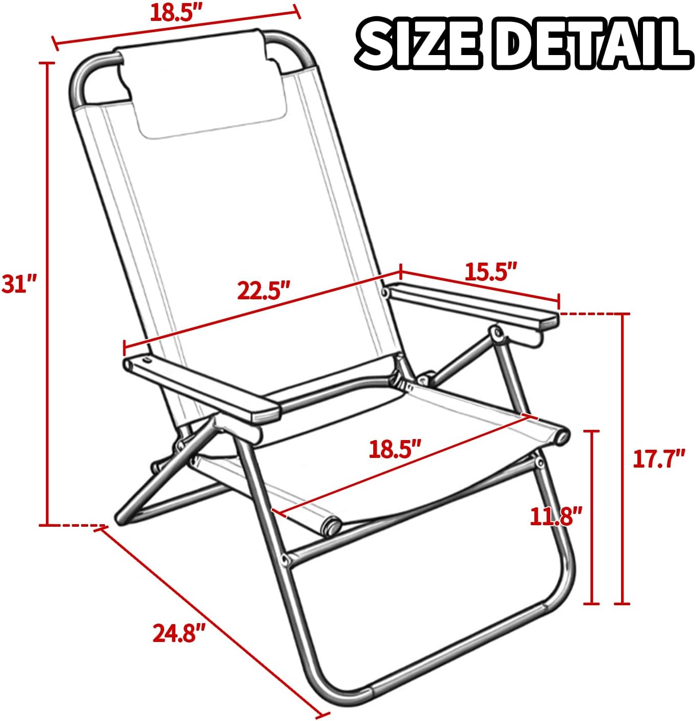 Silla de playa, silla compacta de 4 posiciones ajustables, silla plegable portátil, silla de camping con bolsillo lateral, reposacabezas, soporte