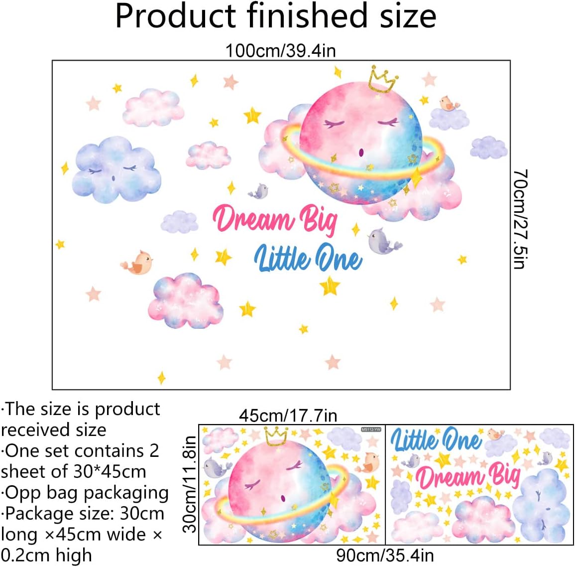 Dream Big Little One Planet – Calcomanías de pared para niños, coloridas estrellas de nube, calcomanías de pared para dormitorio de niñas, sala de