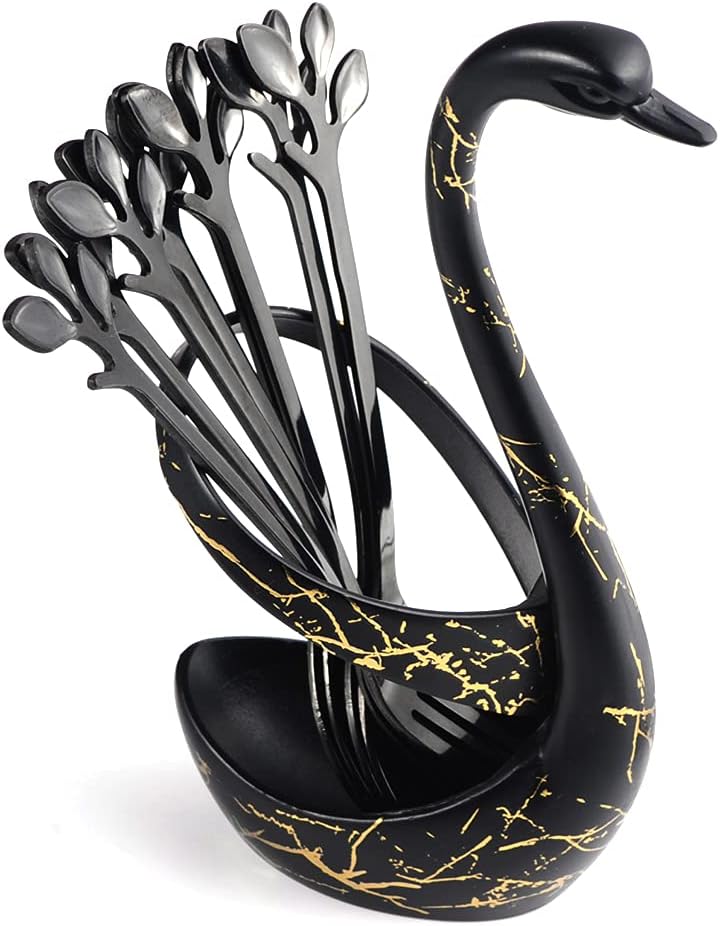AnSaw Juego de soporte para cucharas de café pequeñas negras, base de cisne con 20 cucharas de espresso Demitasse, cuchara de postre de 4.7