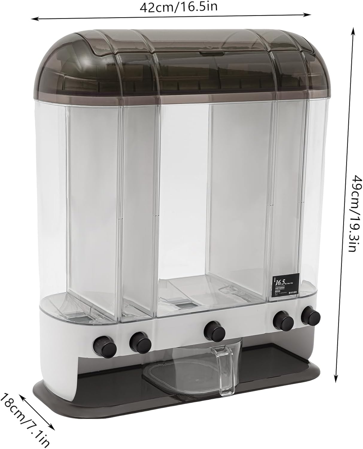 Dispensador de granos de 5 rejillas de almacenamiento de arroz con taza para cocina, dispensador de cereales de arroz y granos (marrón)