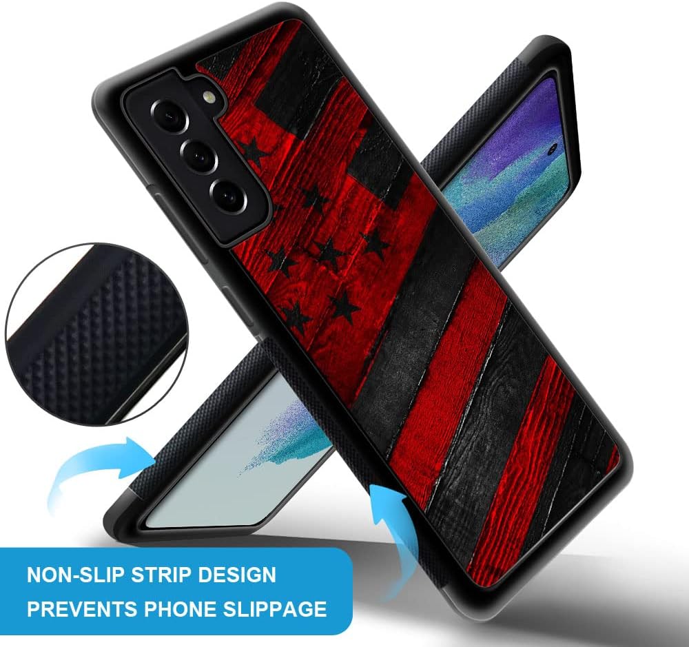 DJSOK Funda compatible con Samsung Galaxy S21 Ultra, diseño de bandera estadounidense de grano de madera negro y rojo + funda protectora de silicona