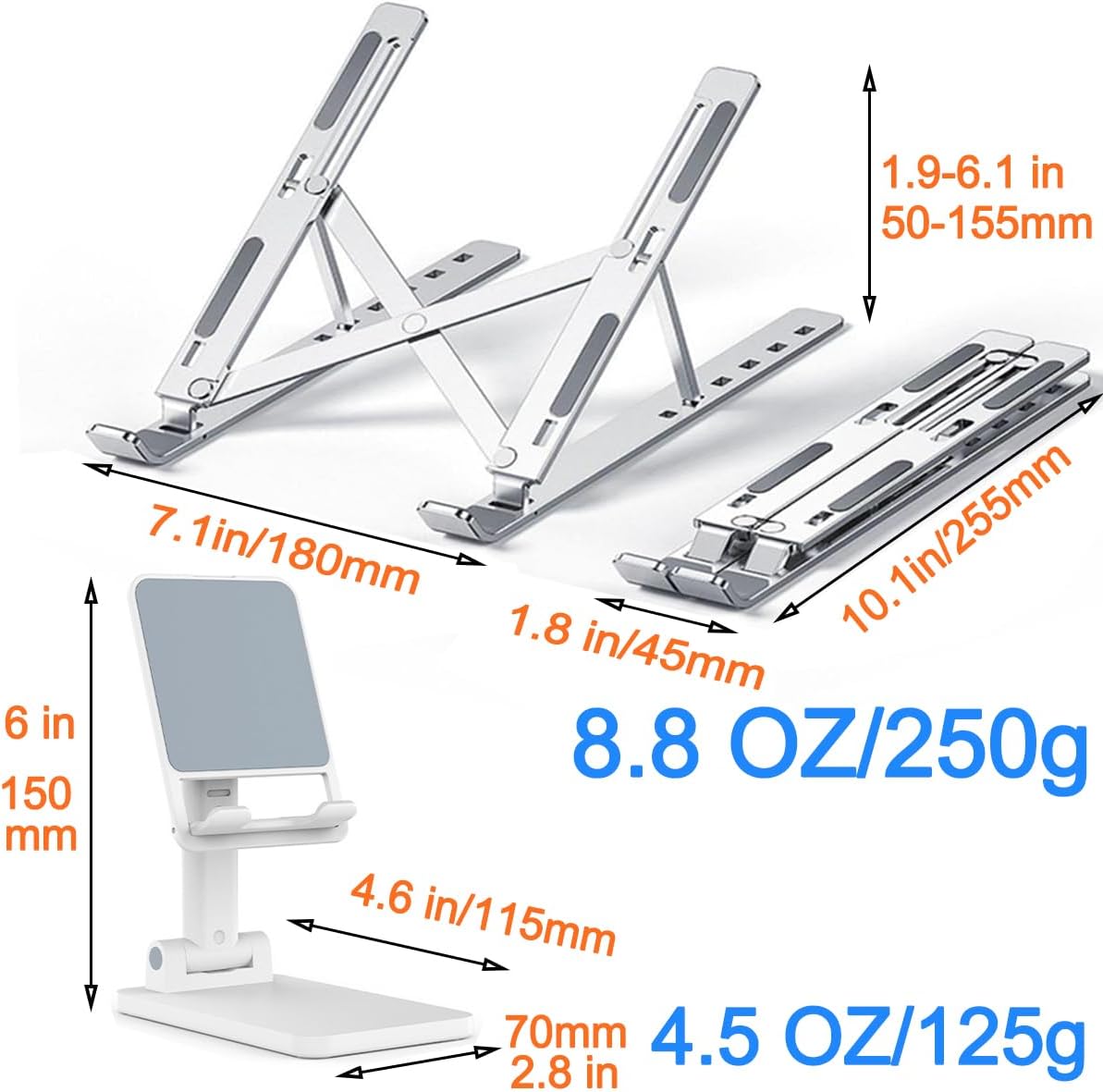 KLAQQED Soporte para portátil para escritorio, soporte portátil de aluminio para laptop, soporte para teléfono, soporte plegable para tableta para
