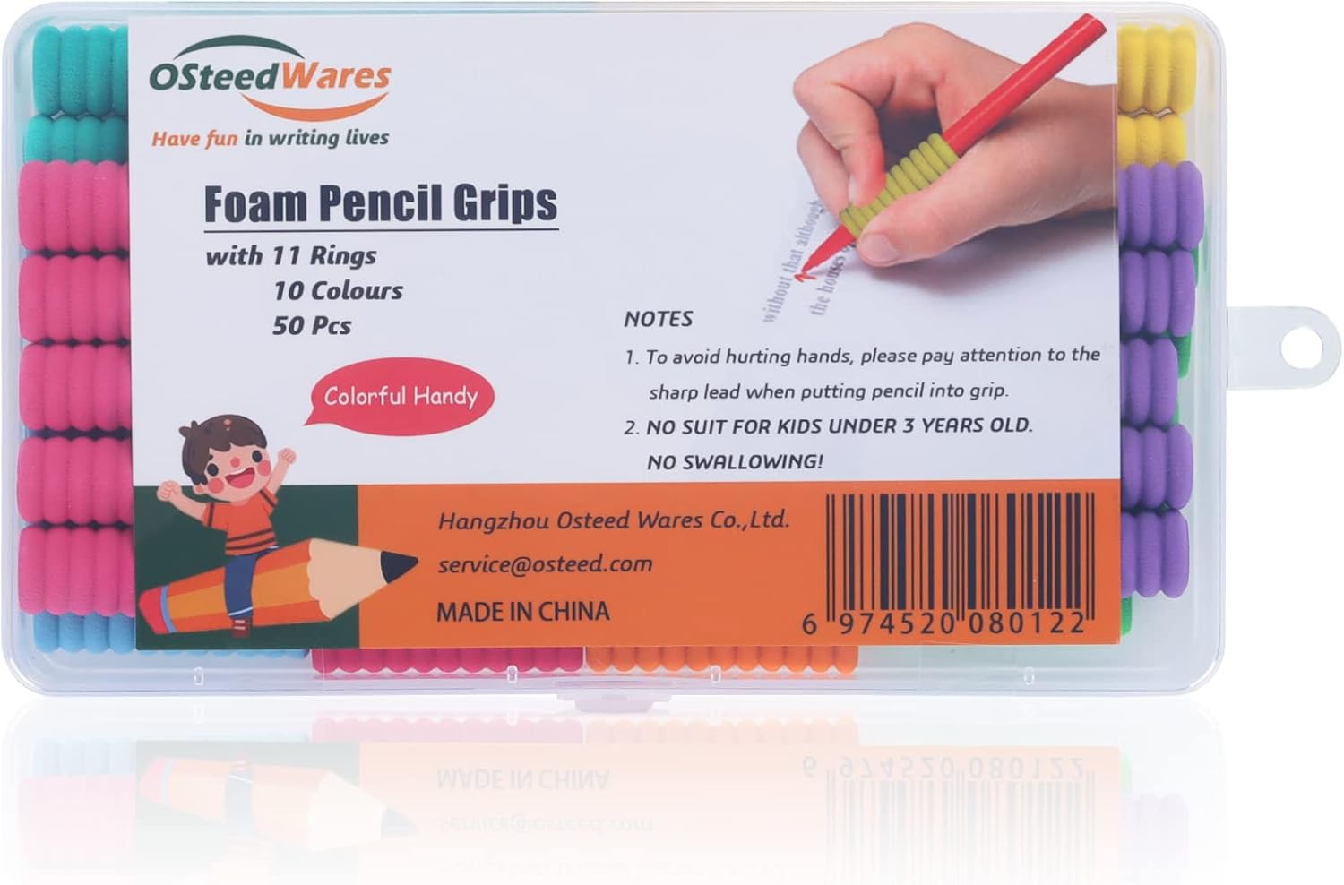 50 empuñaduras de espuma para lápices de 11 anillos para escritura a mano para niños y adultos, 10 colores para aliviar los dedos, cojín de soporte