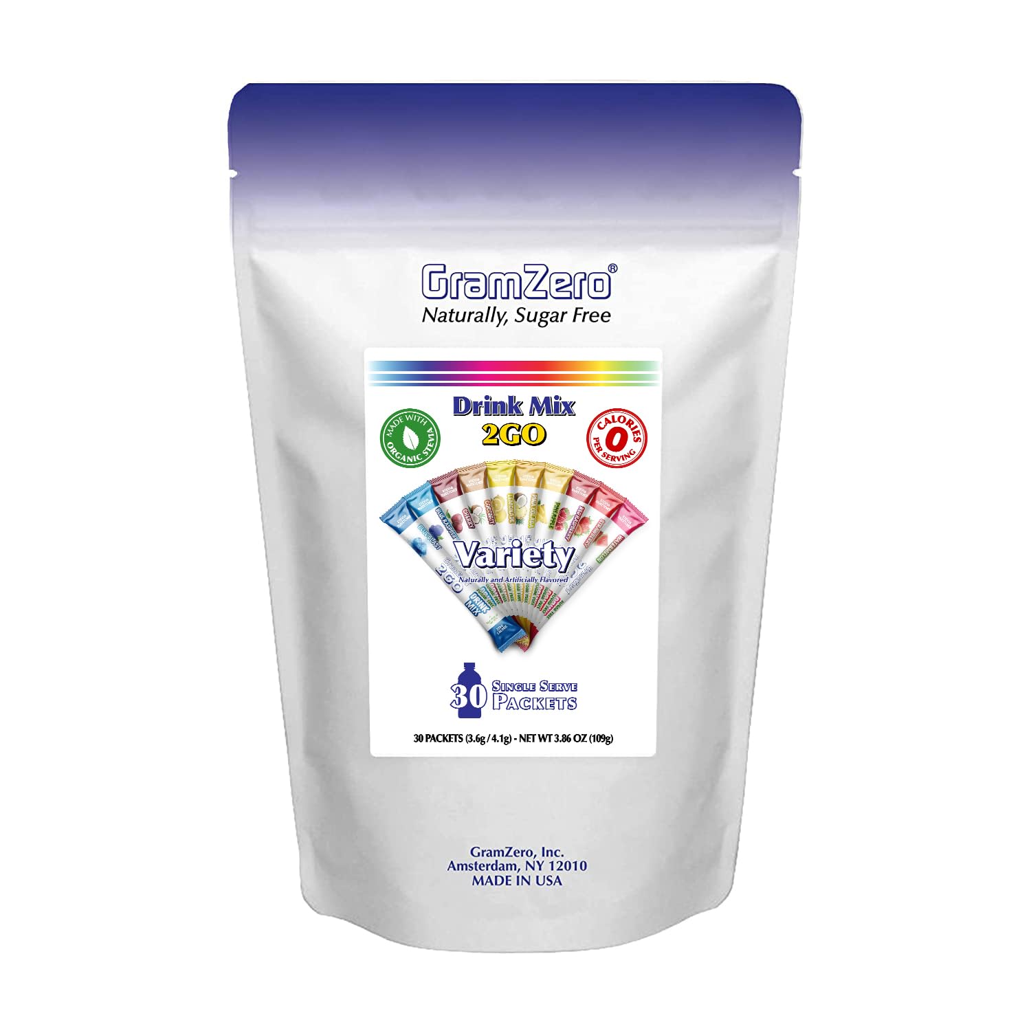 GramZero 2GO Sticks – Paquete variado, mezcla de bebida sin azúcar sin calorías, endulzada con stevia, ideal para kits de té cargado en club de