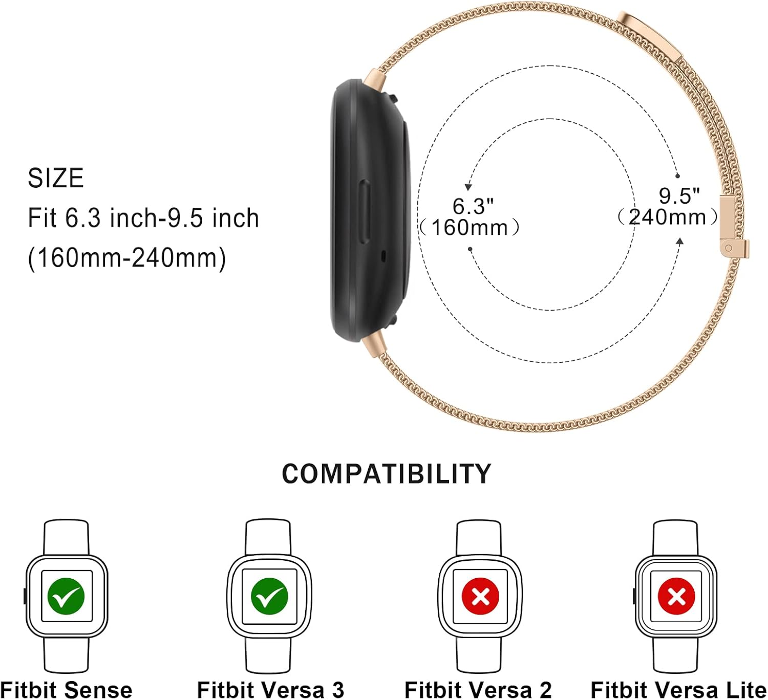 Vanjua Correa de metal para Fitbit Sense BandsFitbit Versa 3 bandas mujeres hombres, malla de acero inoxidable magnética correa de repuesto para