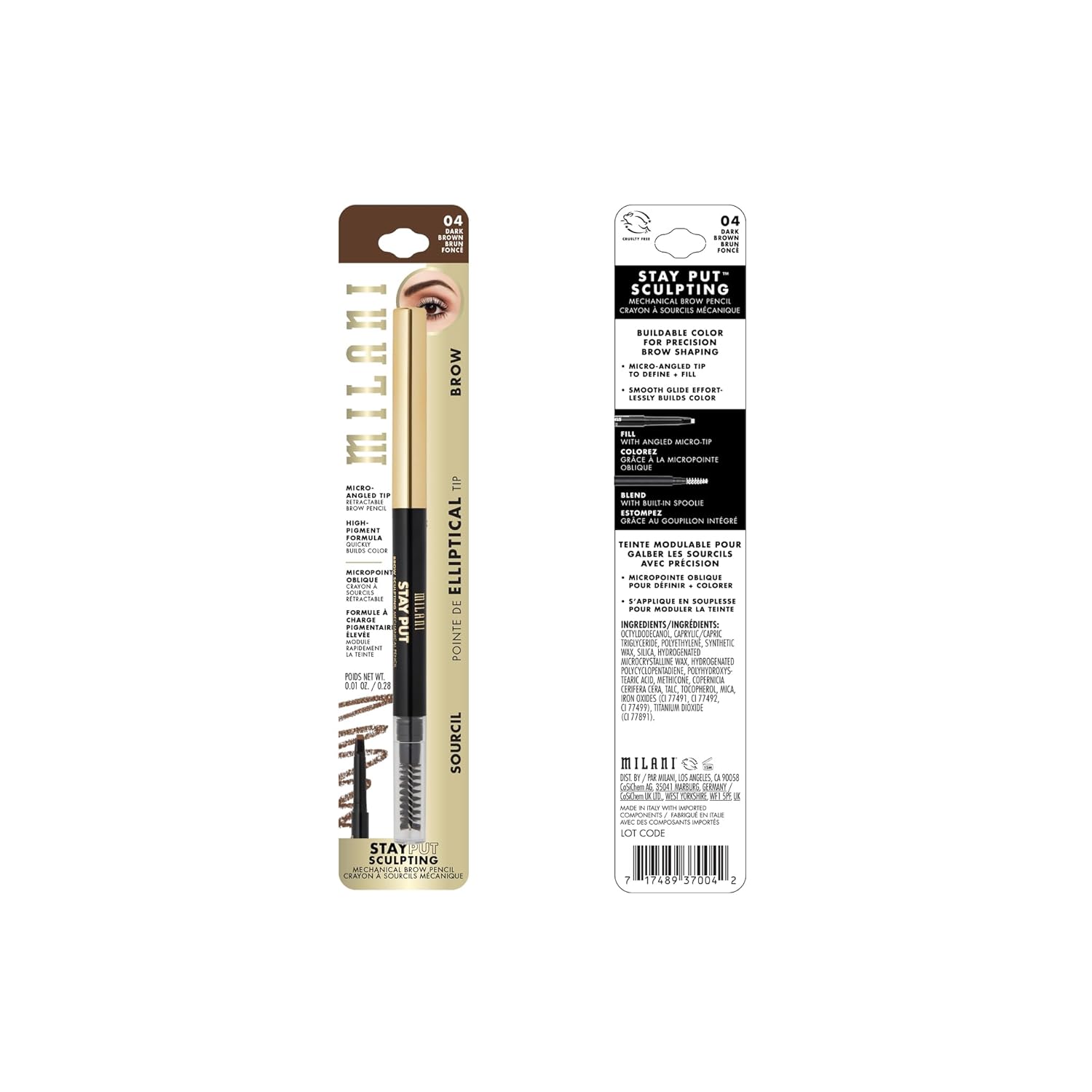 Milani Stay Put – Lápiz mecánico para esculpir cejas, marrón oscuro (0.01 onzas), libre de crueldad animal, de larga duración, que define y da forma