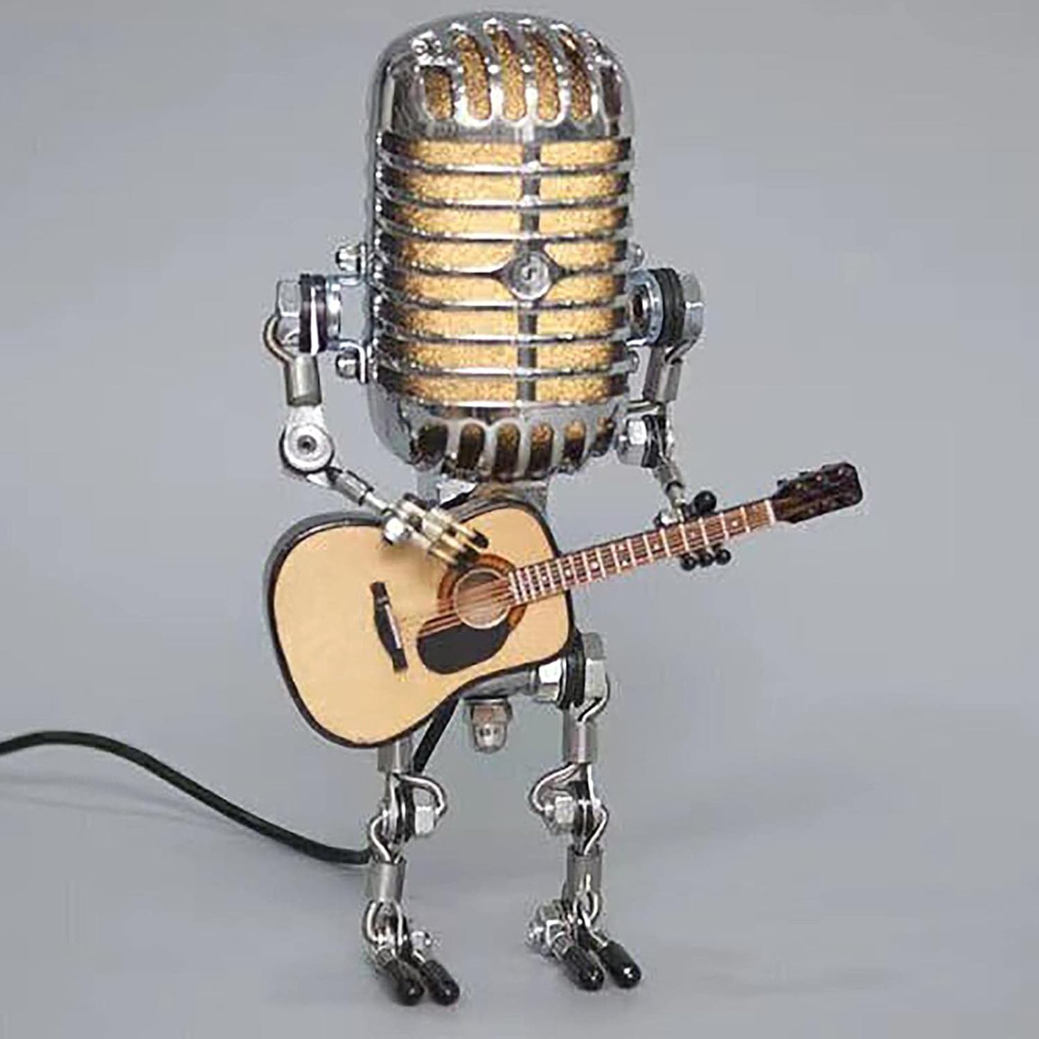 Lámpara vintage con micrófono, guitarra, robot con atenuador, lámpara de mesa de metal retro de tamaño pequeño, luz nocturna de brillo ajustable