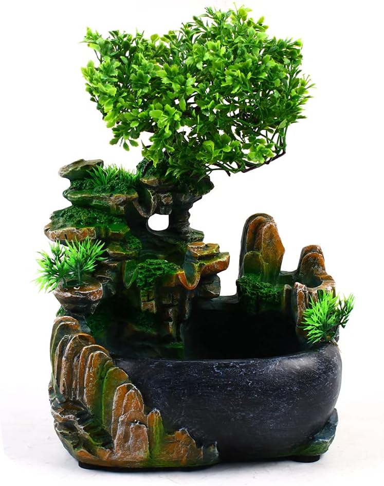Fuente de agua de mesa, fuente de cascada interior con luces LED coloridas y atomizador, mini rocalla de escritorio, fuente de escritorio de