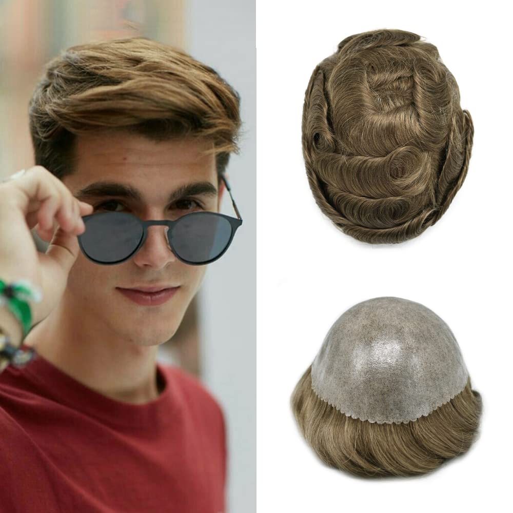 Hombres Toupee Sistema de Replcement de Cabello Humano Toupee Hombre Piel de Poli Completo Pieza de Pelo de Piel de PU para Hombres Toupee
