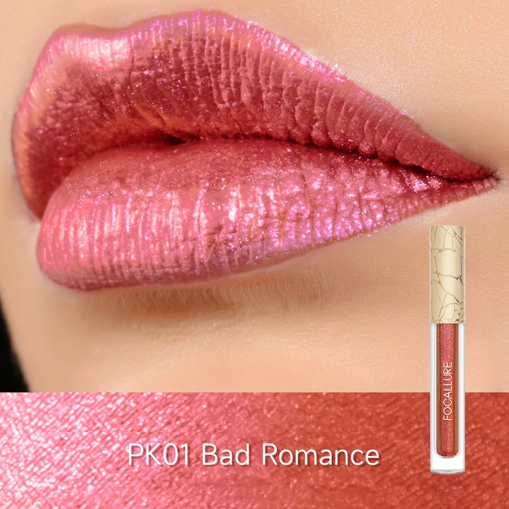 FOCALLURE Lápiz labial líquido metálico, brillo de labios de copa antiadherente, color de labios de alto impacto con desgaste a prueba de