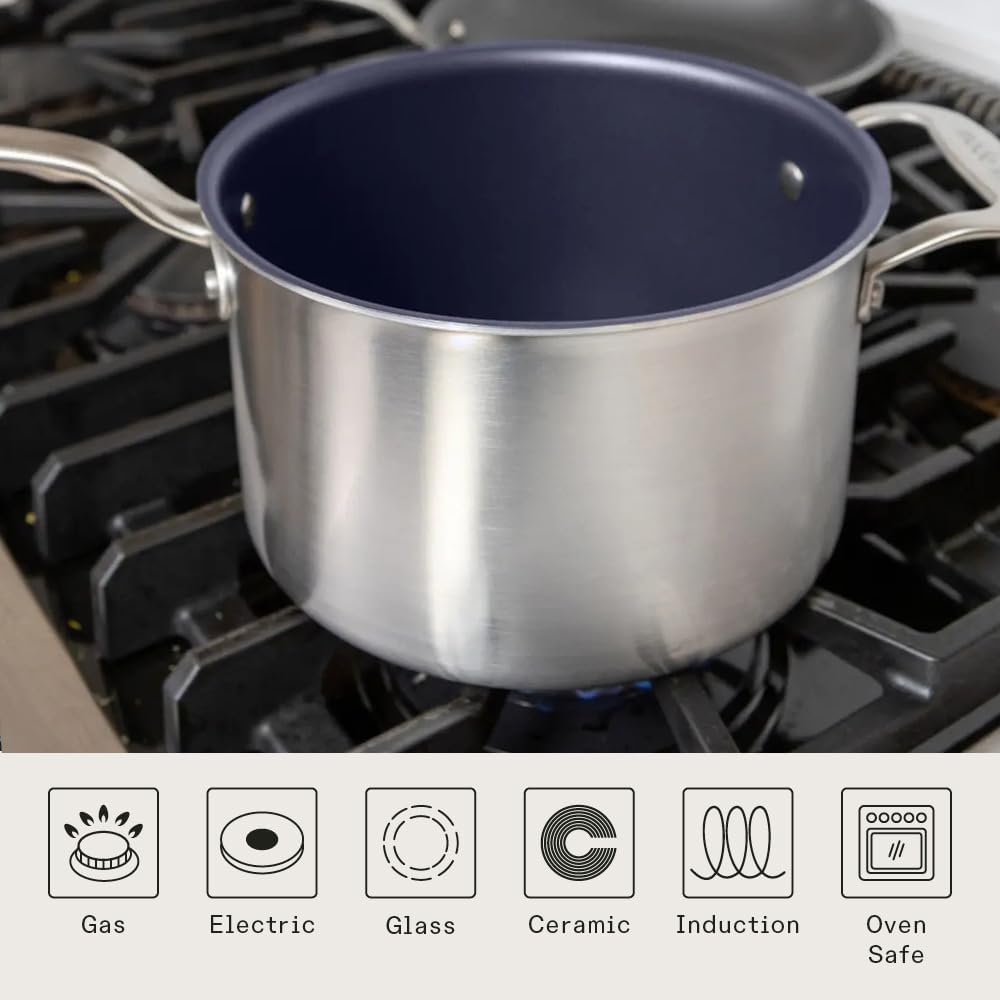 Made In Utensilios de cocina – Sartén antiadherente de 4 cuartos de galón – Azul puerto – Cacerola antiadherente revestida de acero inoxidable de 5