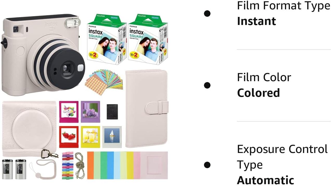 Fujifilm Instax Square SQ1 – Cámara instantánea blanca con estuche de transporte + película Fuji Instax (40 hojas), paquete de accesorios, álbum de
