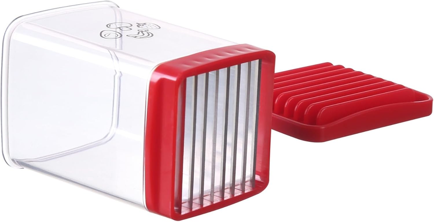 Cortador de velocidad con placa de empuje, cortador de huevos de acero inoxidable, cortador de plátano y fresas, portátil, rojo, 3 pulgadas de largo