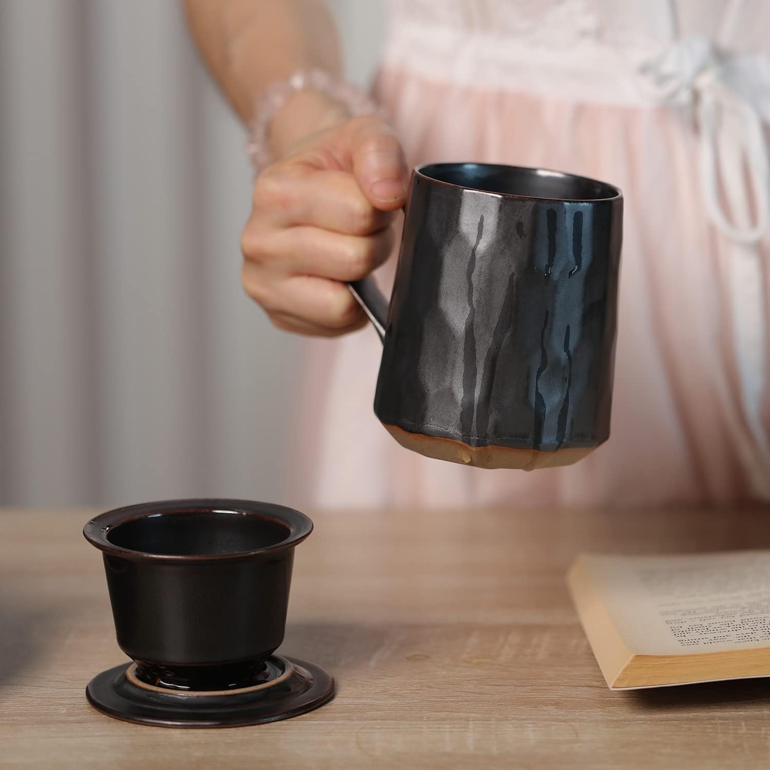 globe faith Taza de té de cerámica con infusor y tapa, taza de té de infusión de hojas sueltas de gres y filtro de cesta para el hogar, oficina o