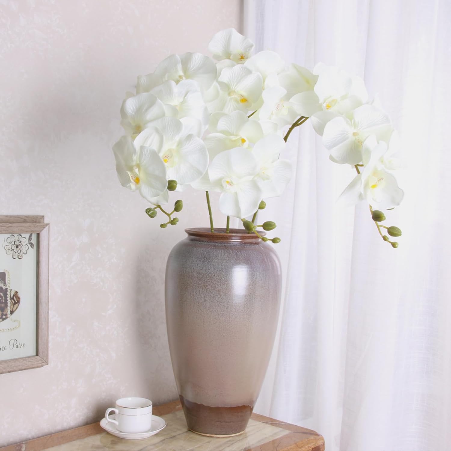 6 flores artificiales de Phalaenopsis con orquídeas falsas, plantas de tallo con 2 hojas para decoración (blanco)