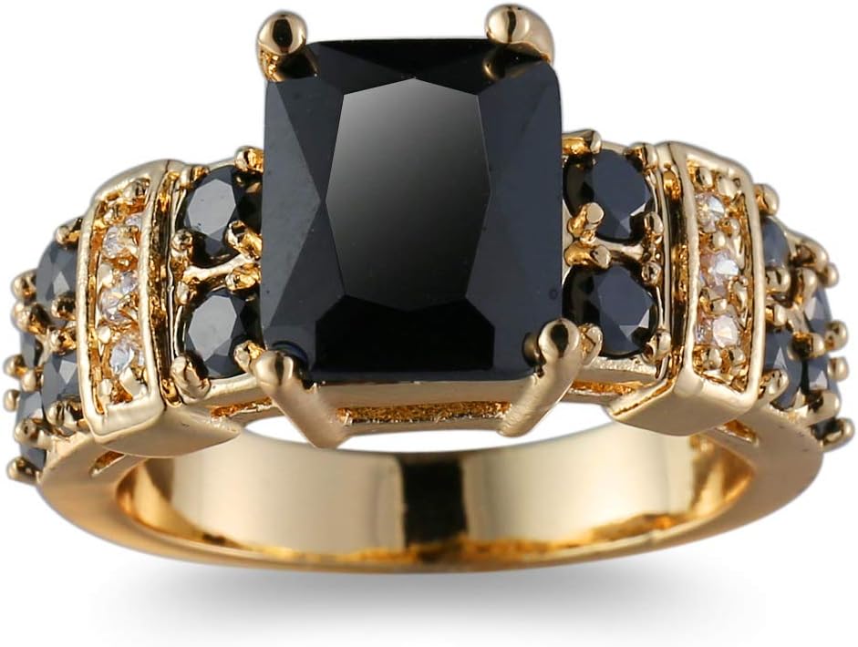 Sdouefos Anillo solitario de piedra preciosa de corte princesa relleno de oro amarillo de 14 quilates de ónix negro Anillo de joyería de boda