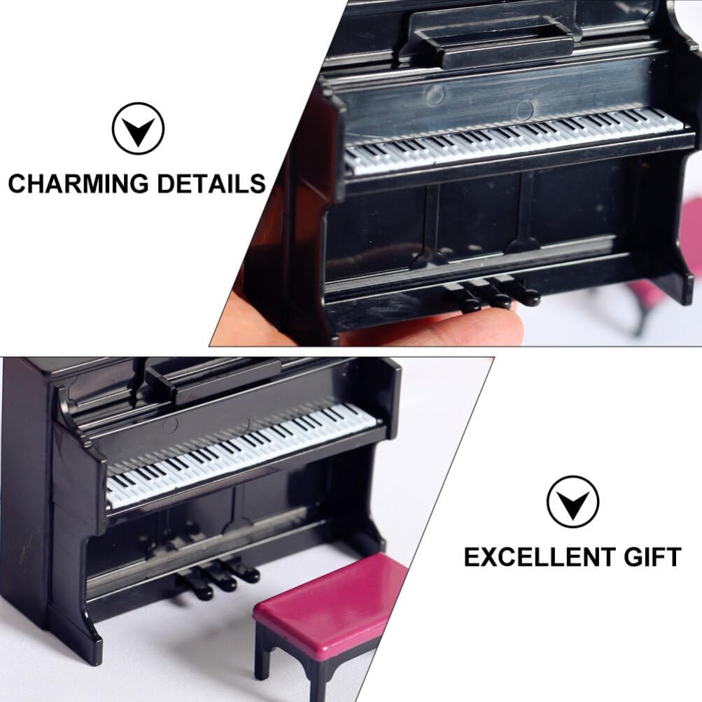Piano de casa de muñecas, mini juguete de piano vertical, de simulación en miniatura, piano vertical de plástico con taburete y partitura musical,