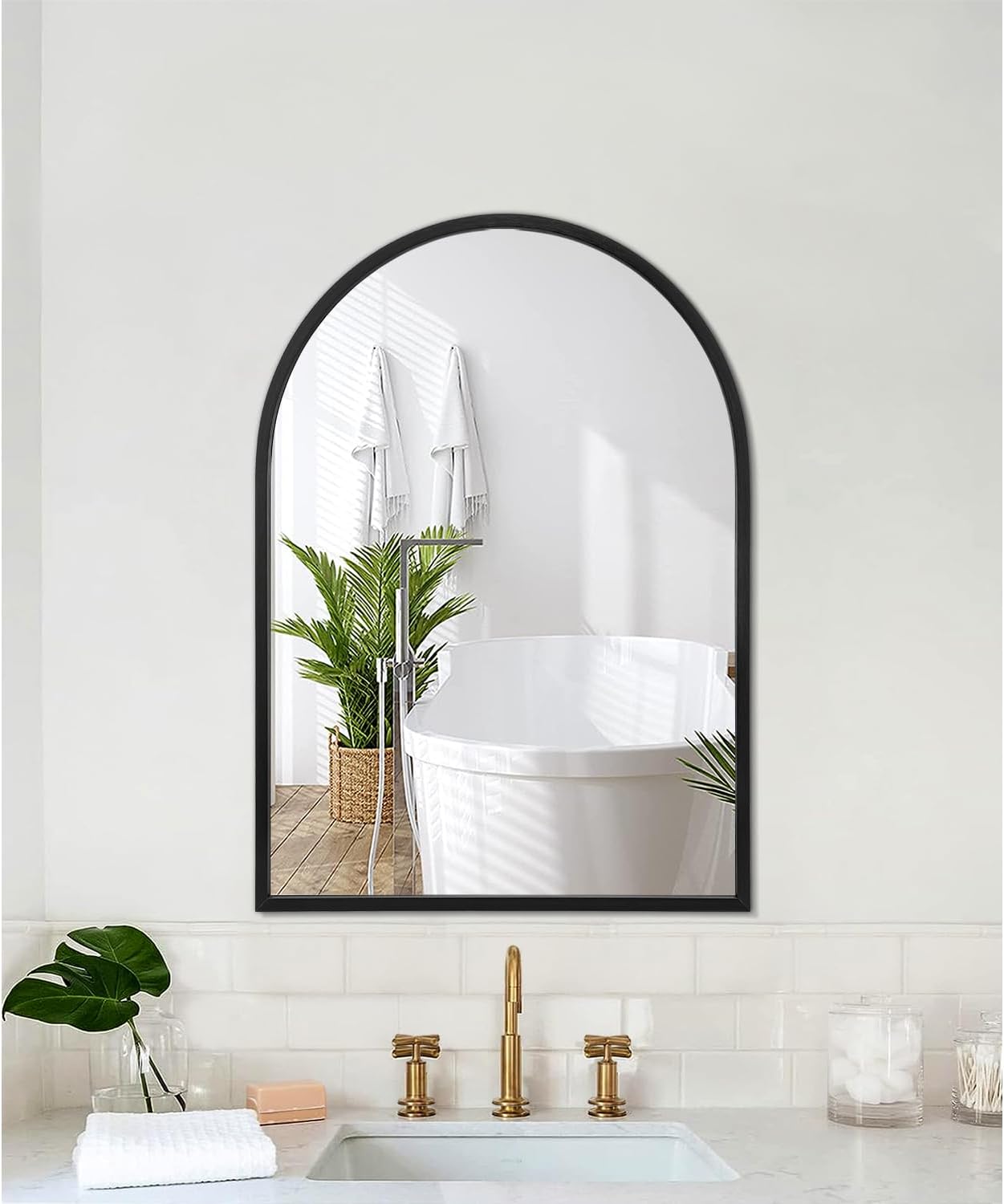 Espejo de pared arqueado negro con marco de aleación de aluminio, espejo de baño de metal cepillado, espejo montado en la pared para sala de estar,