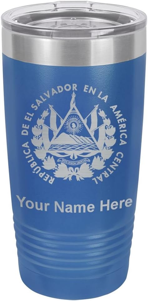LaserGram Vaso aislado al vacío de 20 onzas, bandera de El Salvador, grabado personalizado incluido (azul oscuro)